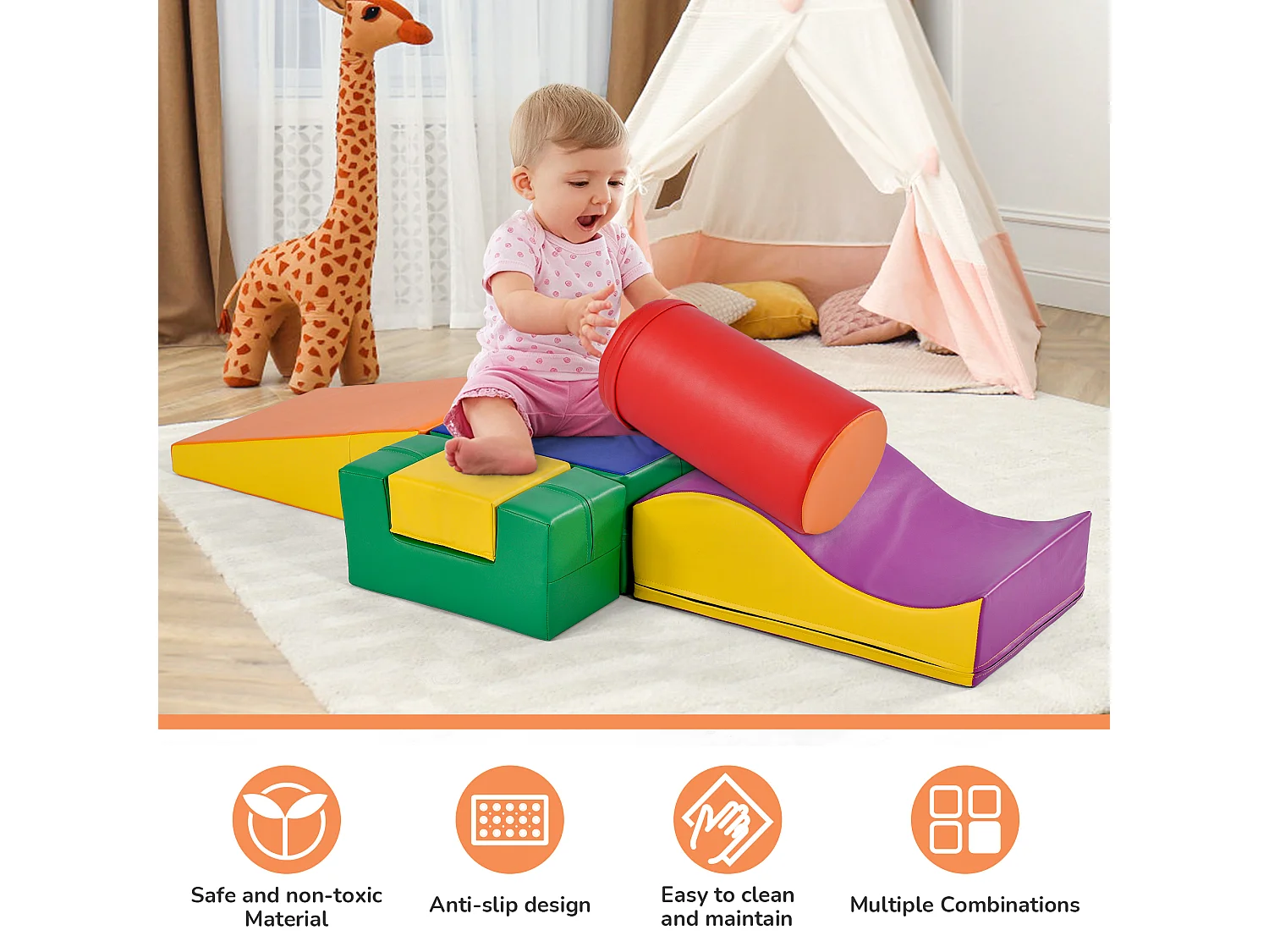 6 Stück Riesige weiche Bausteine Spielplatz, Lauf- und Klettermodule, PU - Orange