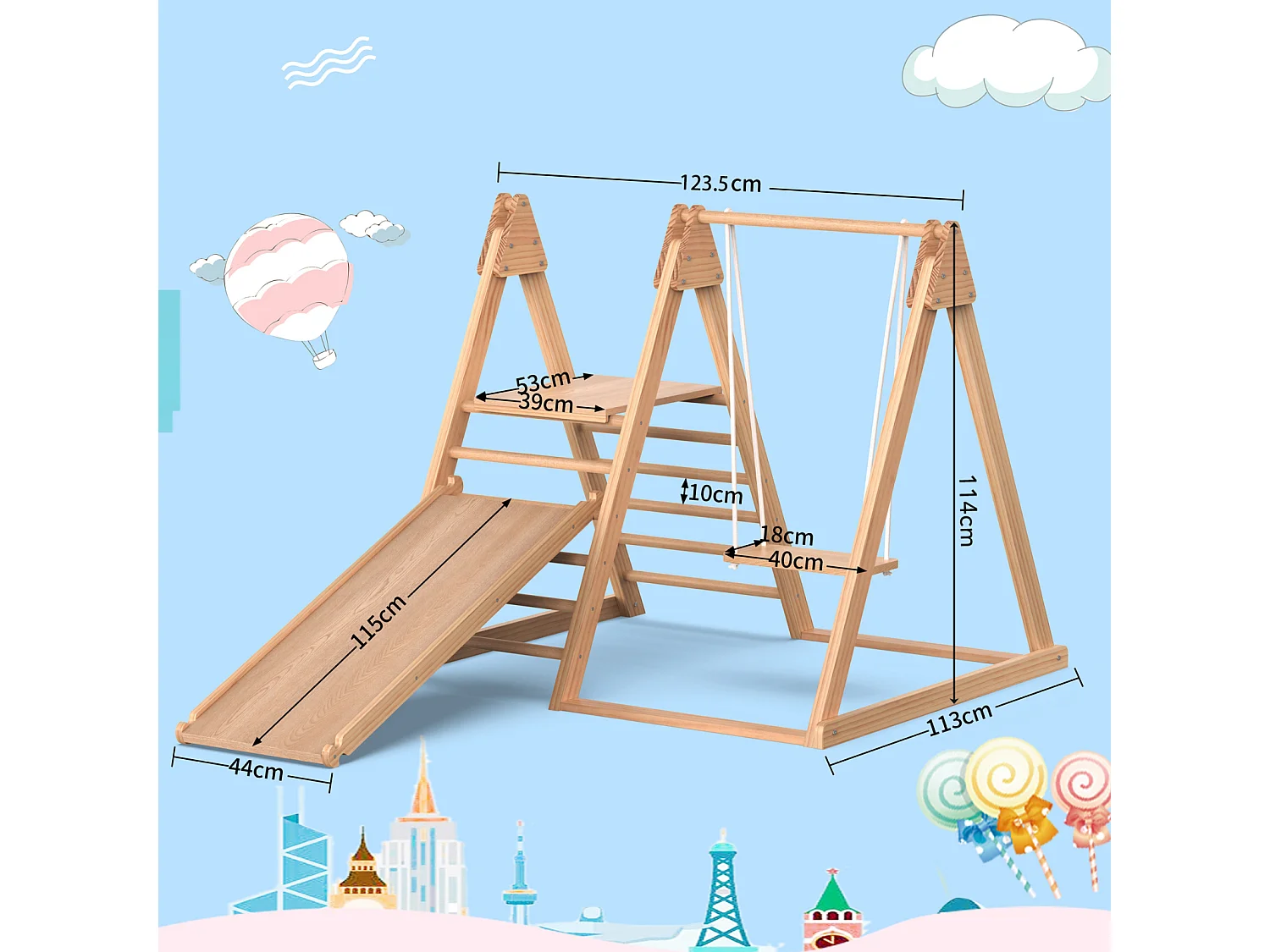 3-in-1-Holzspielplatz für Kinder – mit Rutsche, Schaukel, Leiter – massive Kiefer