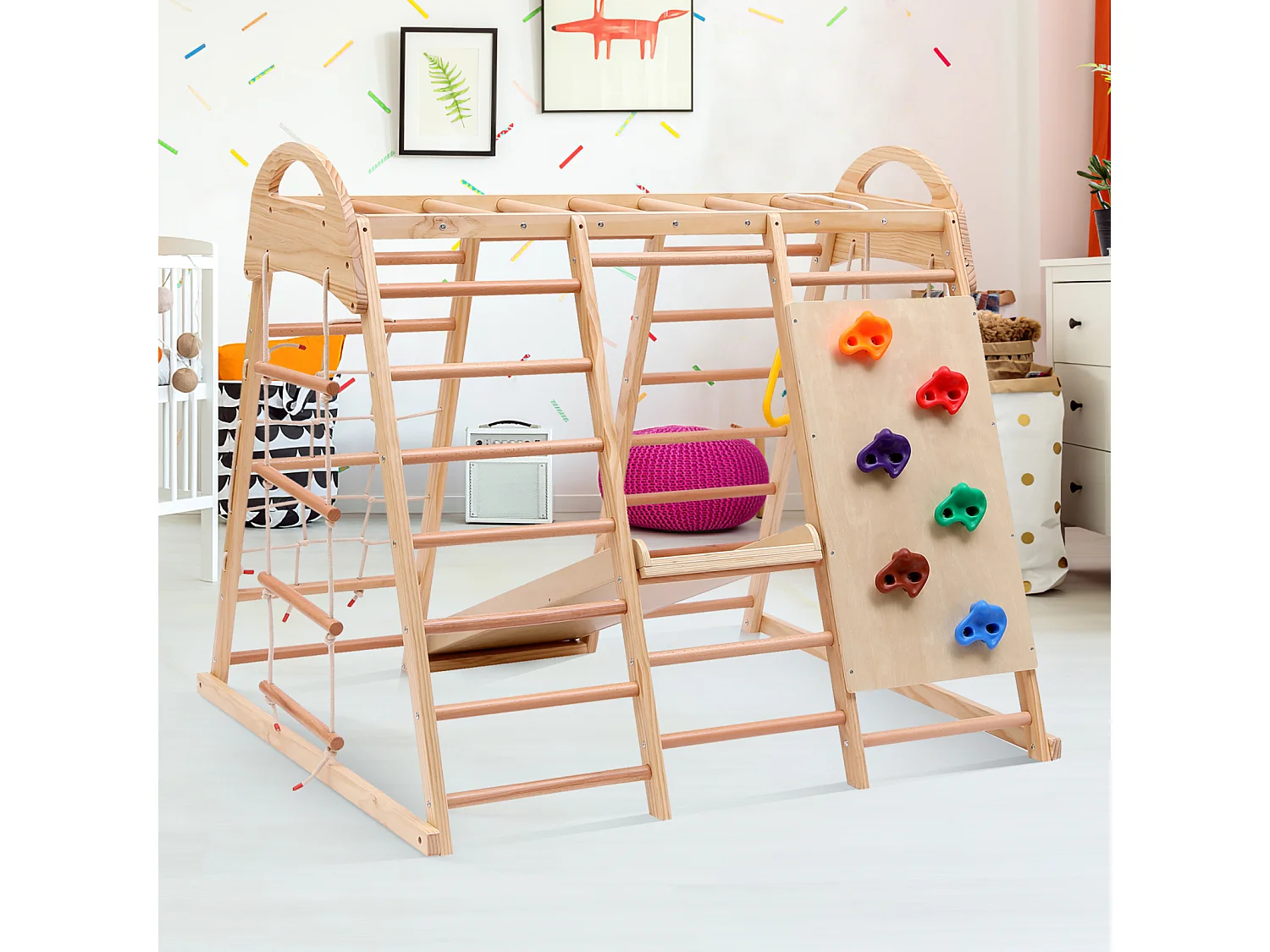 7 in 1 Spielplatz mit Rutsche, Schaukel und Kletternetz, 140 x 120 x 120 cm