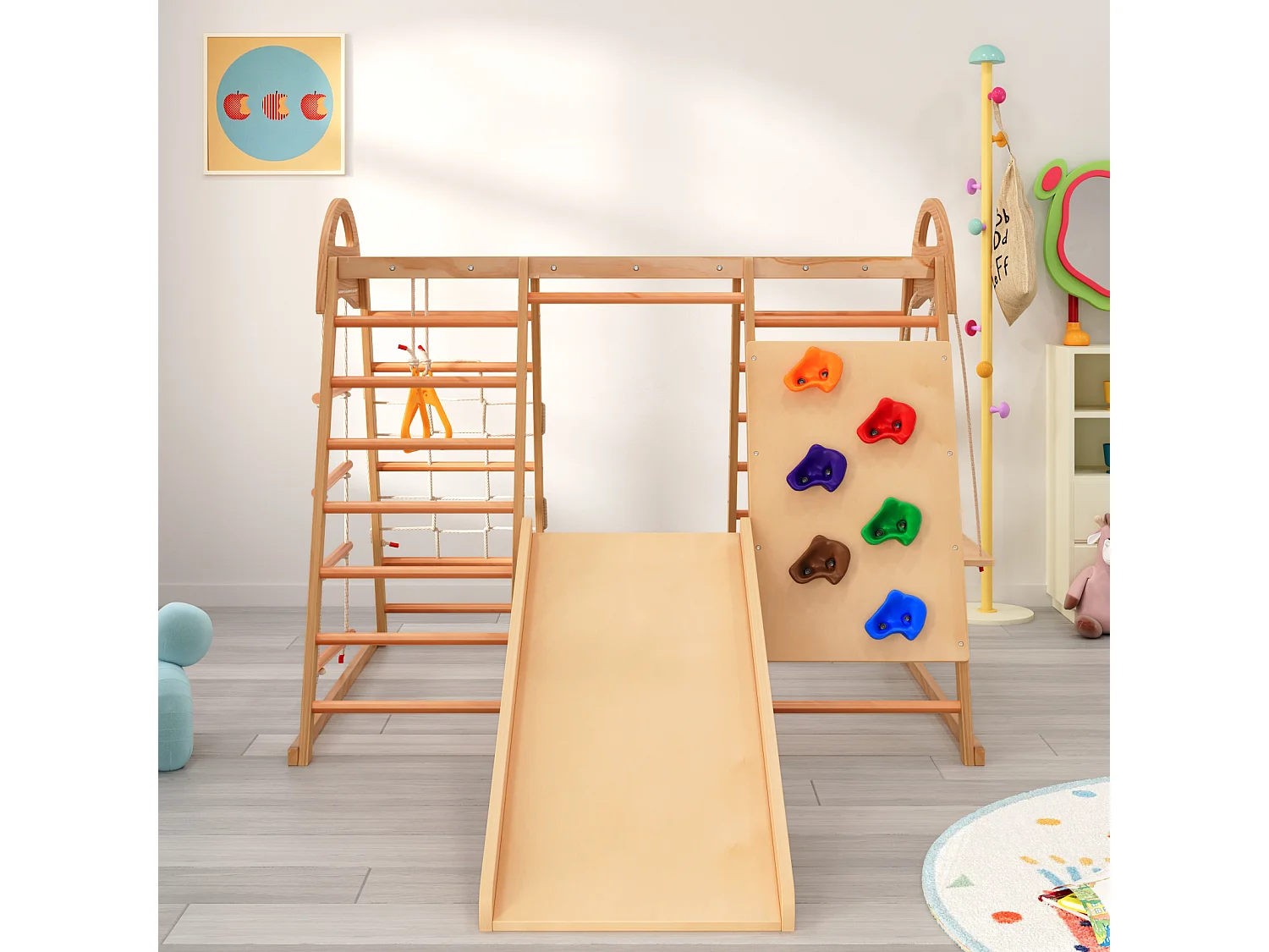 7 in 1 Spielplatz mit Rutsche, Schaukel und Kletternetz, 140 x 120 x 120 cm