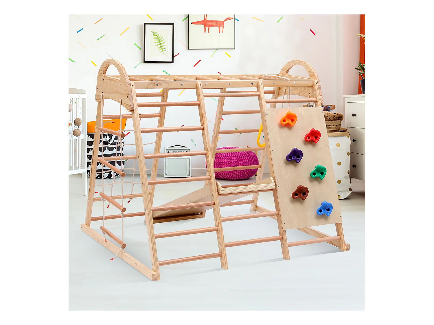 Aire de jeux 7 en 1 avec toboggan, balançoire et filet d'Escalade, 140 x 120 x 120 cm