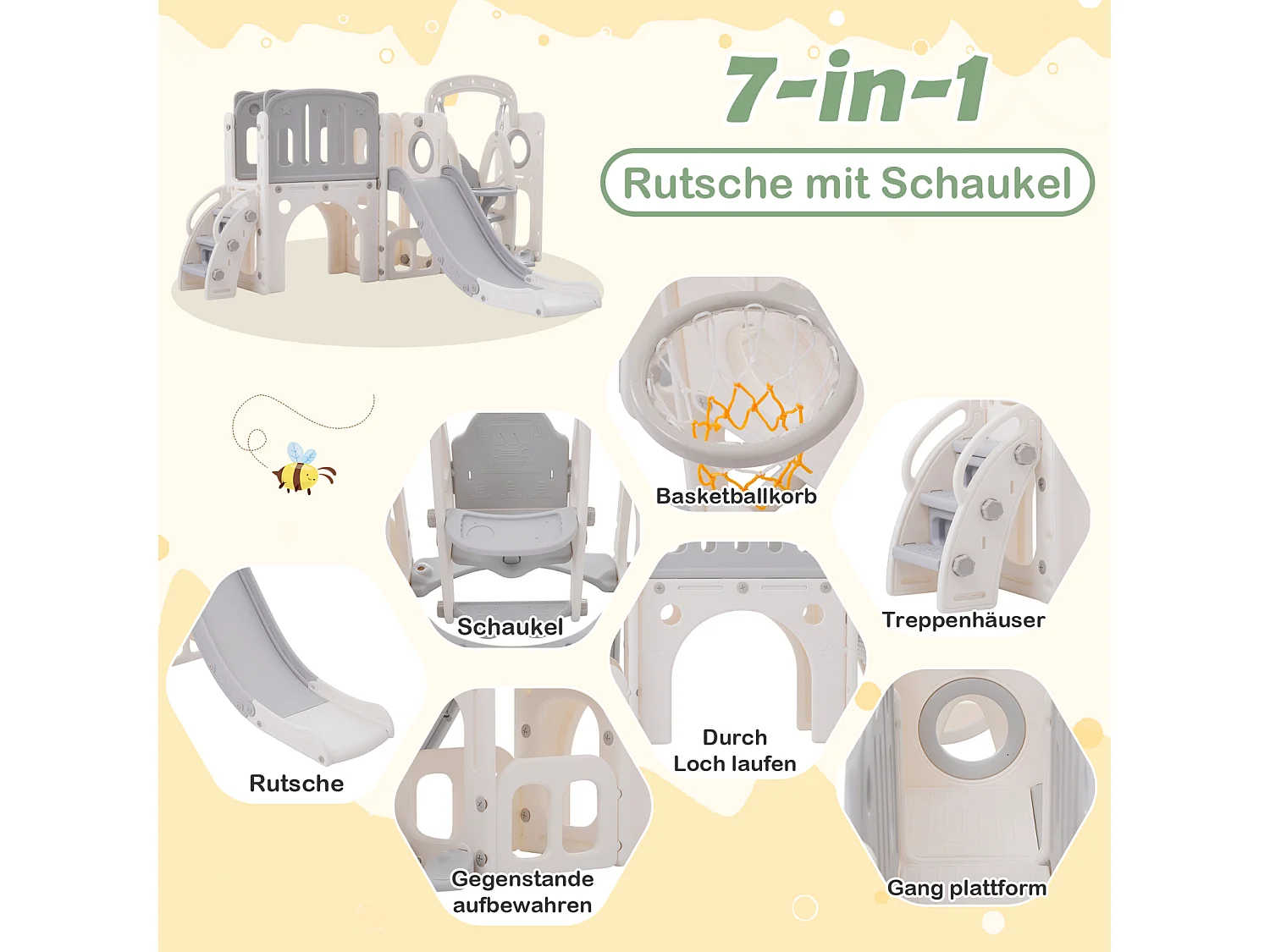 Scivolo per bambini 7 in 1 con altalena, piattaforma, area di stoccaggio, arco, canestro da basket, scale, HDPE, grigio + bianco