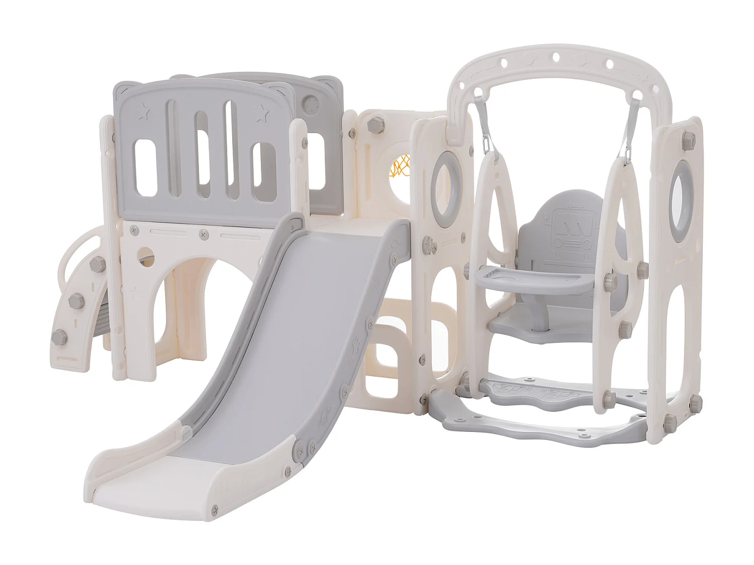 Scivolo per bambini 7 in 1 con altalena, piattaforma, area di stoccaggio, arco, canestro da basket, scale, HDPE, grigio + bianco