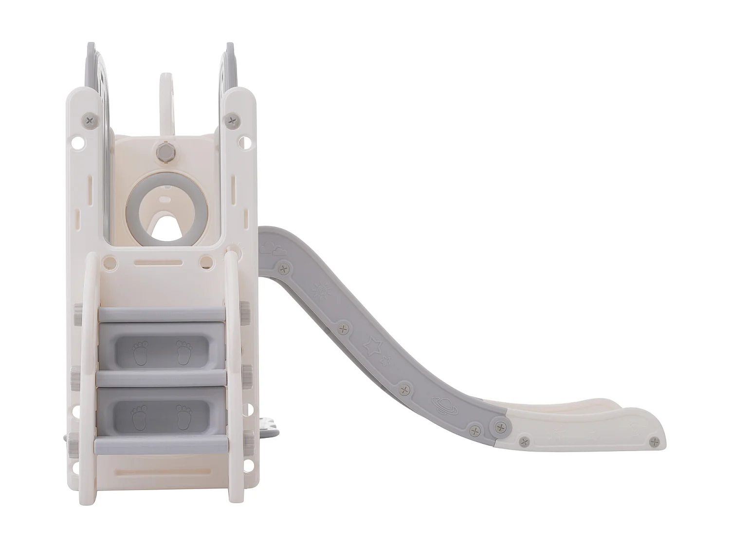 Scivolo per bambini 7 in 1 con altalena, piattaforma, area di stoccaggio, arco, canestro da basket, scale, HDPE, grigio + bianco