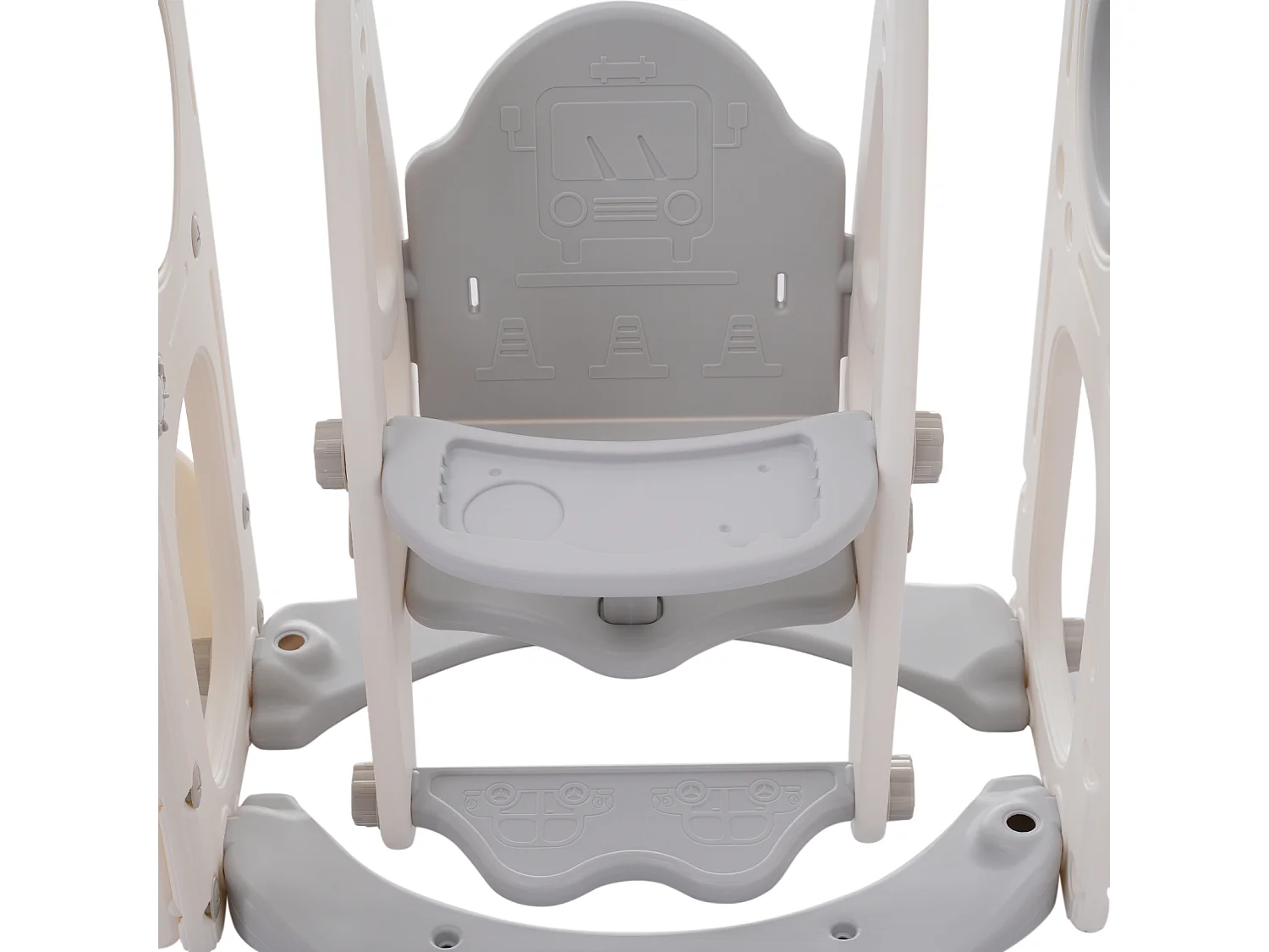 Scivolo per bambini 7 in 1 con altalena, piattaforma, area di stoccaggio, arco, canestro da basket, scale, HDPE, grigio + bianco