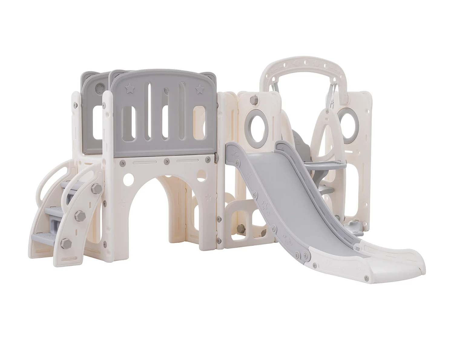 Scivolo per bambini 7 in 1 con altalena, piattaforma, area di stoccaggio, arco, canestro da basket, scale, HDPE, grigio + bianco