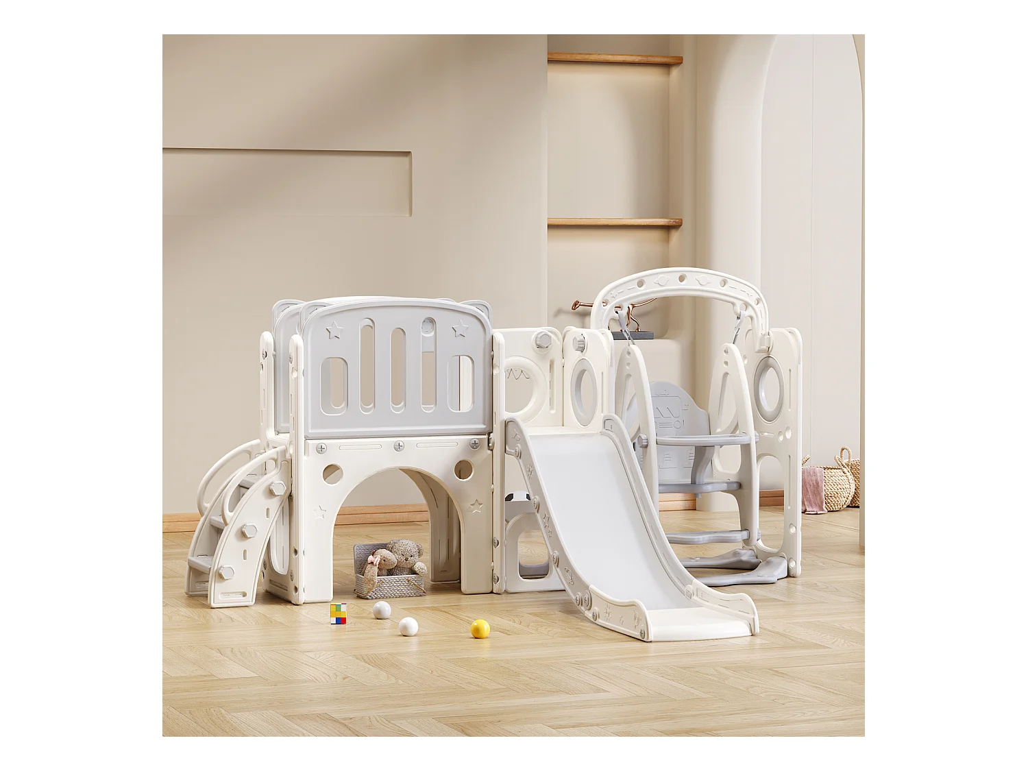 Toboggan 7 en 1 pour enfant, avec balançoire, plate-forme, zone de rangement, arcade, panier de basket, escalier, PEHD, gris+blanc