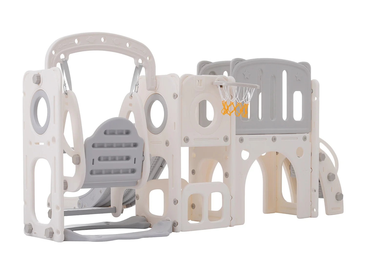 Scivolo per bambini 7 in 1 con altalena, piattaforma, area di stoccaggio, arco, canestro da basket, scale, HDPE, grigio + bianco