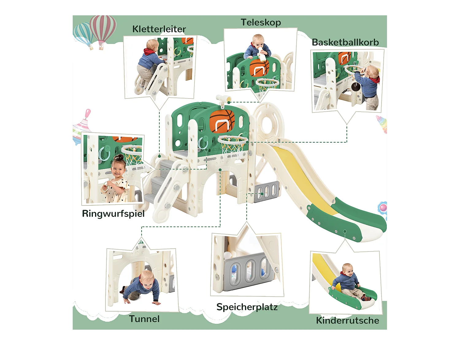 Toboggan pour Enfants,Aire de Jeux intérieure et extérieure- avec panier de basket, toboggan, ,Escalade- Vert