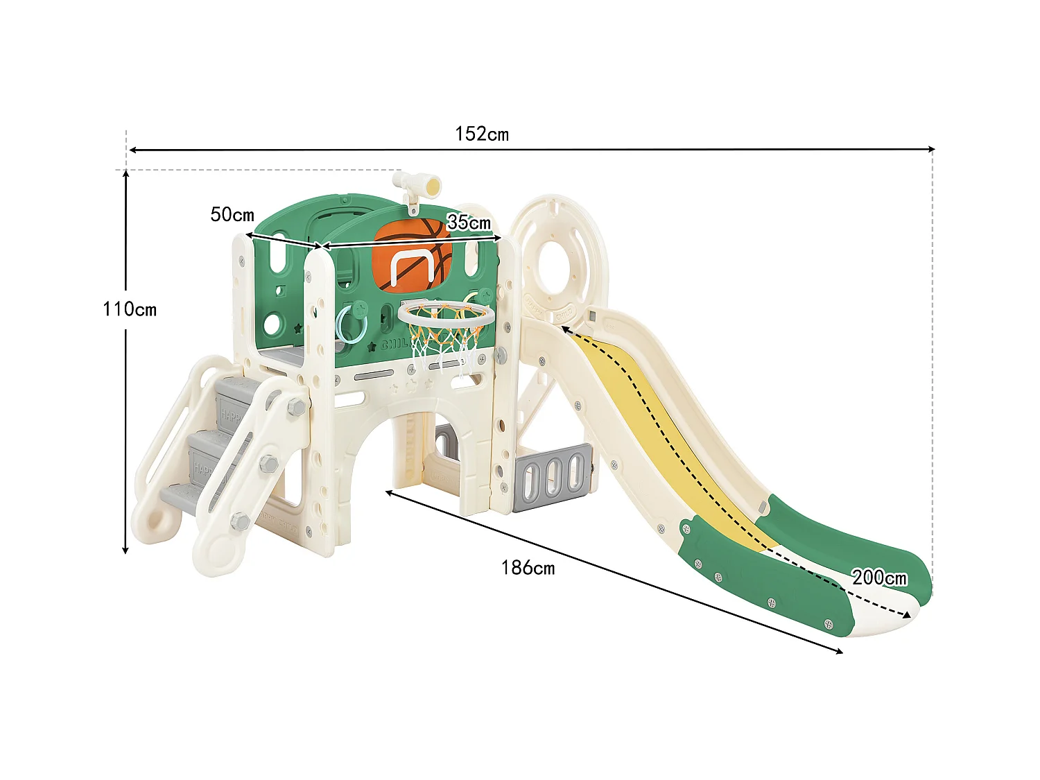 Toboggan pour Enfants,Aire de Jeux intérieure et extérieure- avec panier de basket, toboggan, ,Escalade- Vert