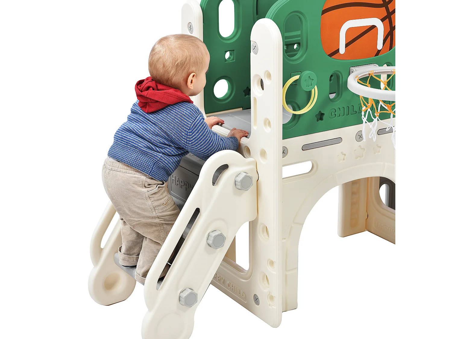 Toboggan pour Enfants,Aire de Jeux intérieure et extérieure- avec panier de basket, toboggan, ,Escalade- Vert