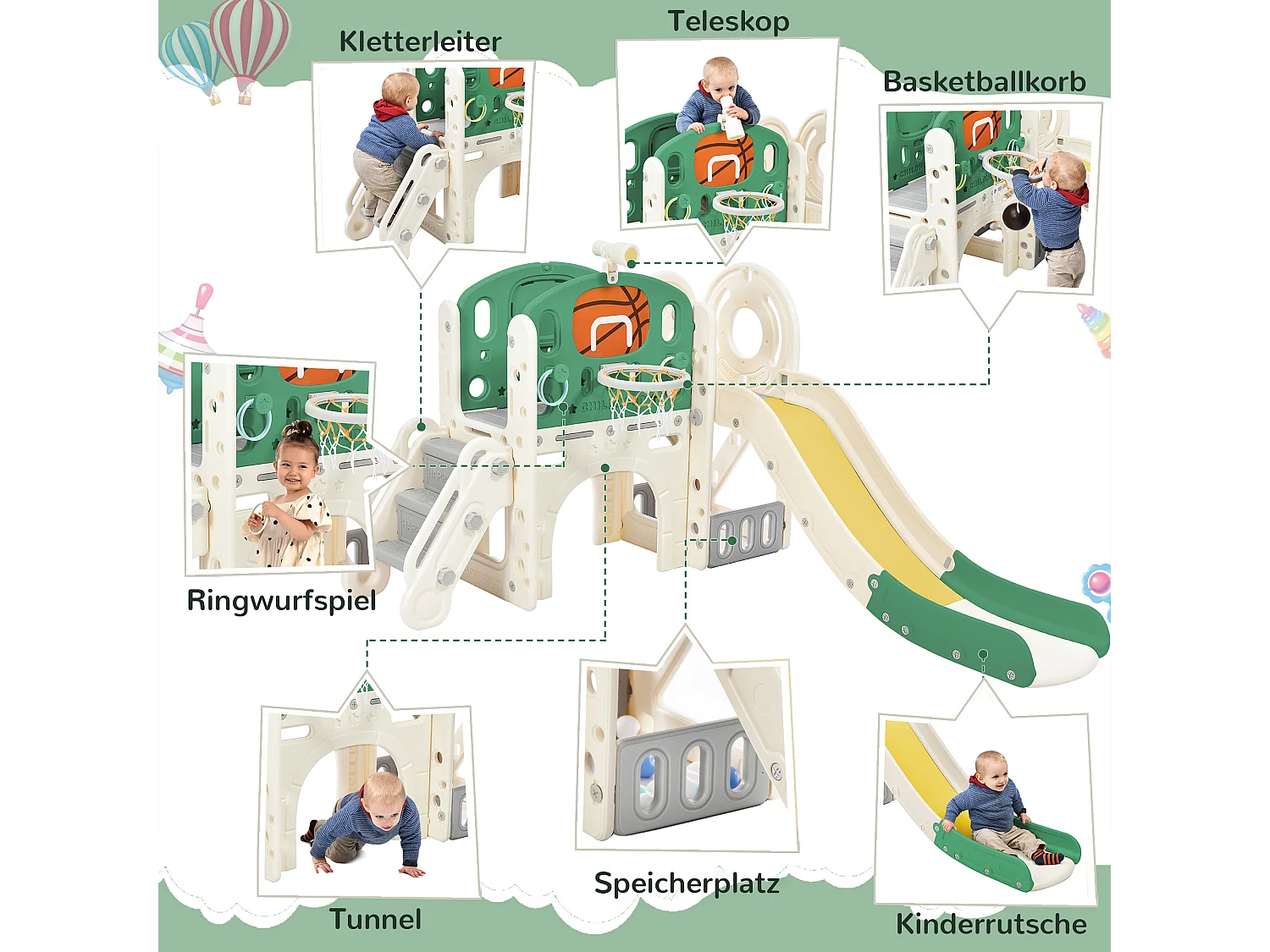 Toboggan pour Enfants,Aire de Jeux intérieure et extérieure- avec panier de basket, toboggan, ,Escalade- Vert