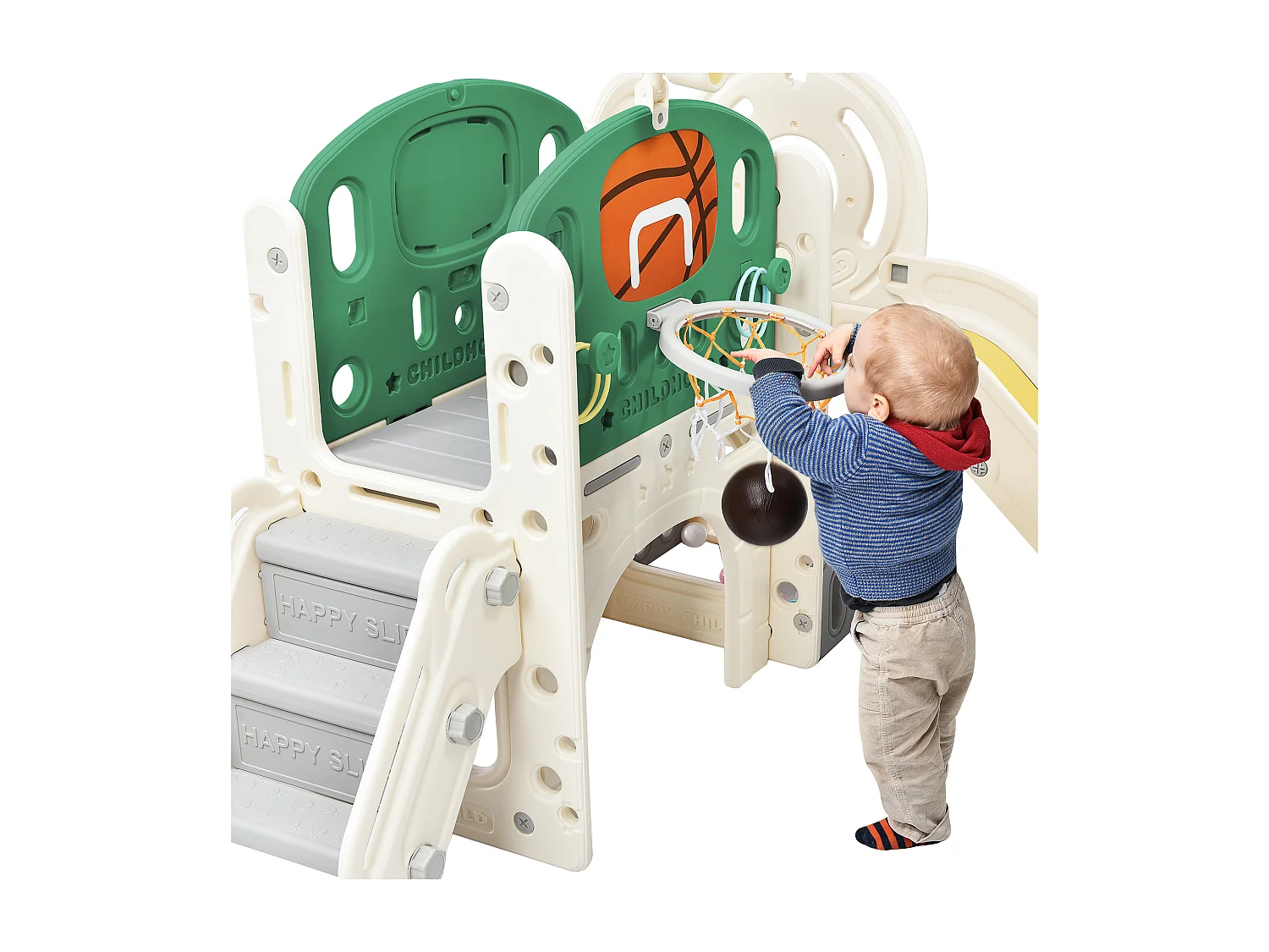 Toboggan pour Enfants,Aire de Jeux intérieure et extérieure- avec panier de basket, toboggan, ,Escalade- Vert