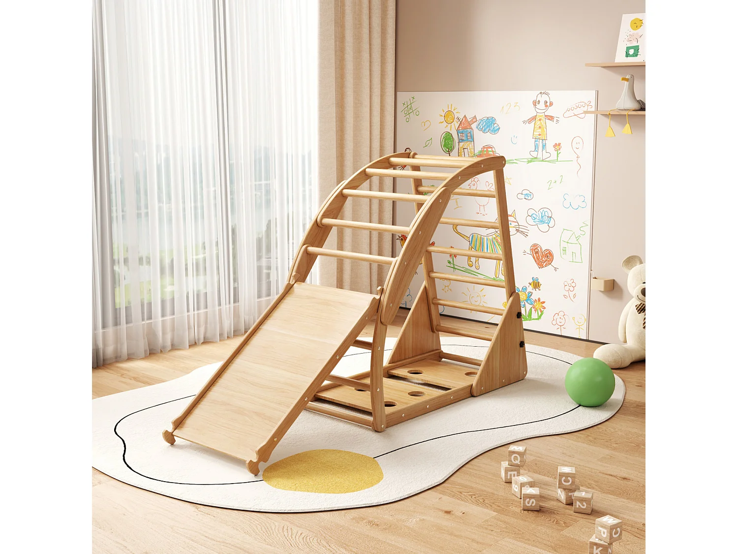 Area giochi per bambini 8 in 1 - con scivolo, modulo di arrampicata, scala, arco di arrampicata, altalena e tenda - legno