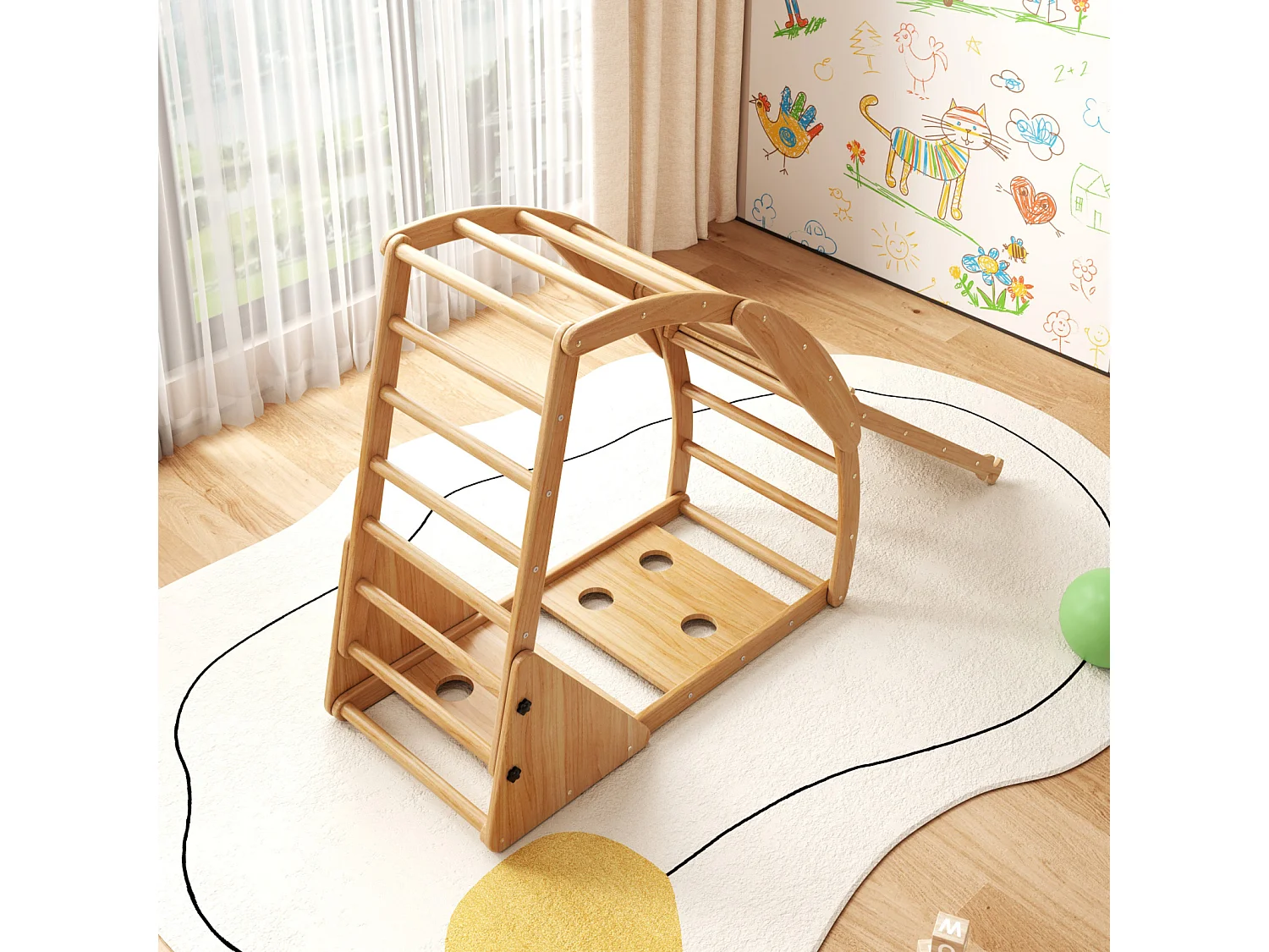 Area giochi per bambini 8 in 1 - con scivolo, modulo di arrampicata, scala, arco di arrampicata, altalena e tenda - legno