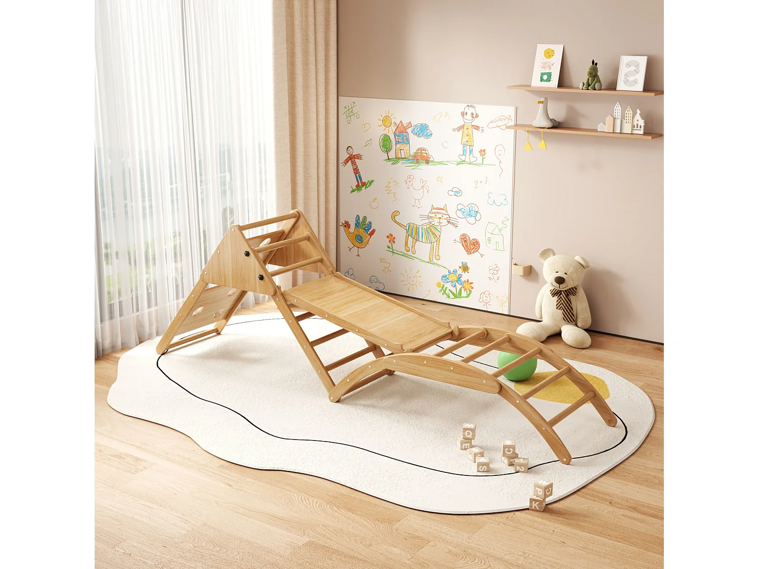 Area giochi per bambini 8 in 1 - con scivolo, modulo di arrampicata, scala, arco di arrampicata, altalena e tenda - legno