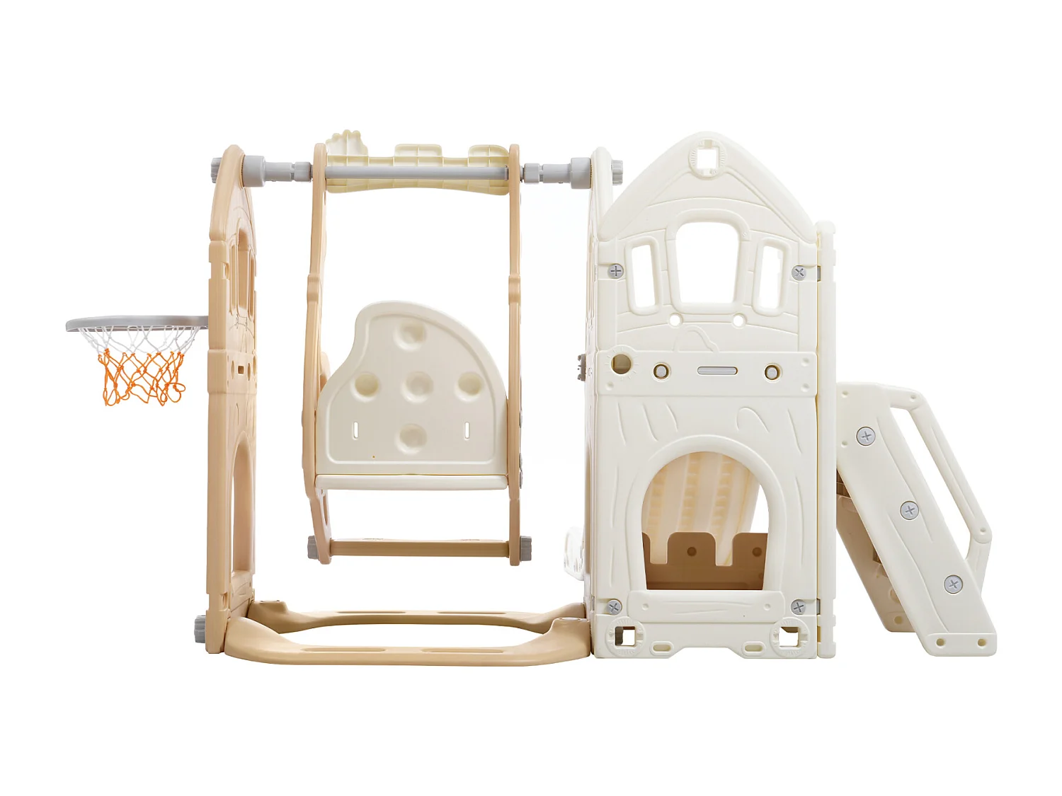 Toboggan en PP 5 en 1 pour enfant 3-8ans, balançoire, toboggan, escalade, espace de rangement, cadre de basket-ball, rose antique