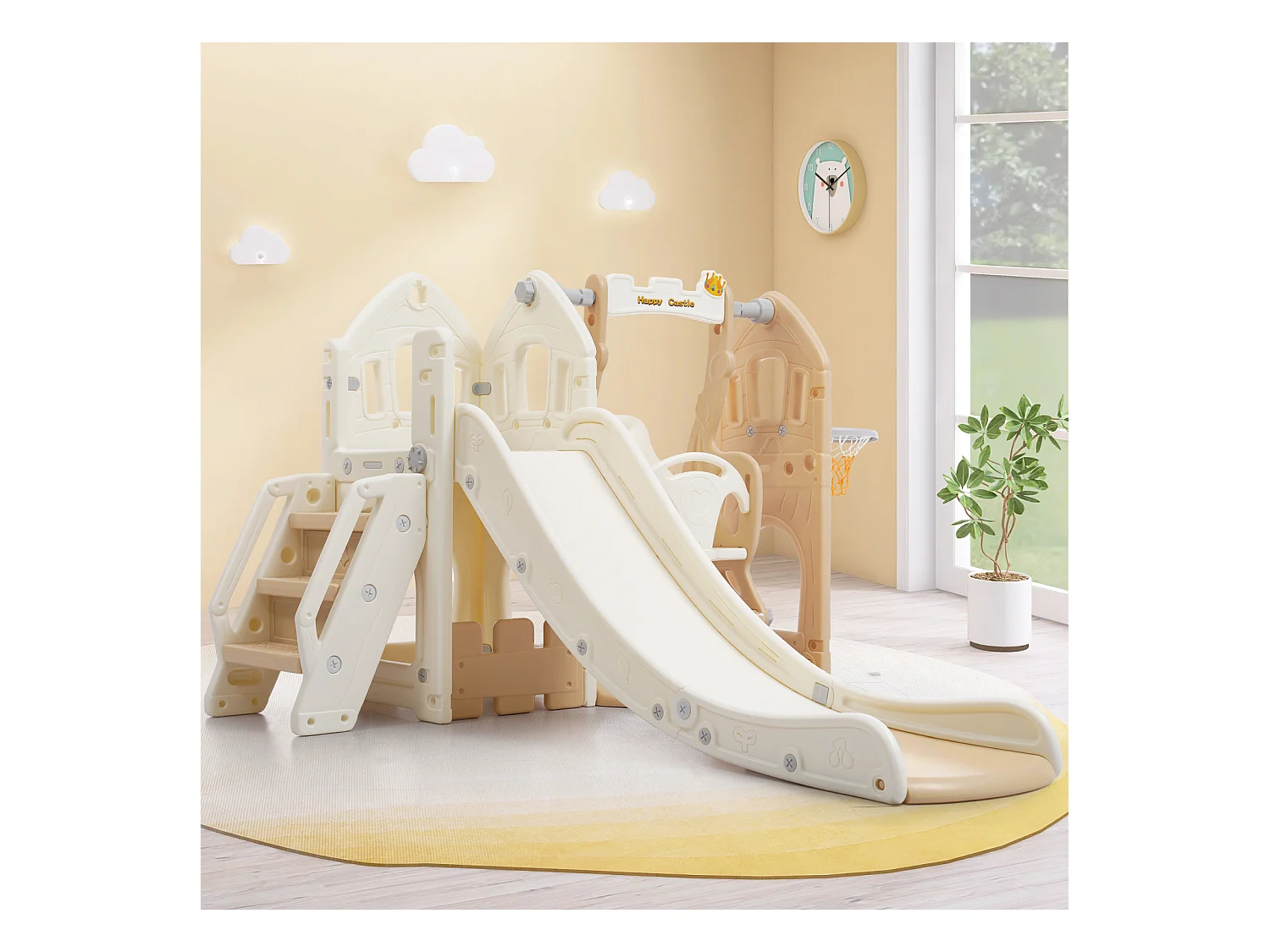Toboggan en PP 5 en 1 pour enfant 3-8ans, balançoire, toboggan, escalade, espace de rangement, cadre de basket-ball, rose antique