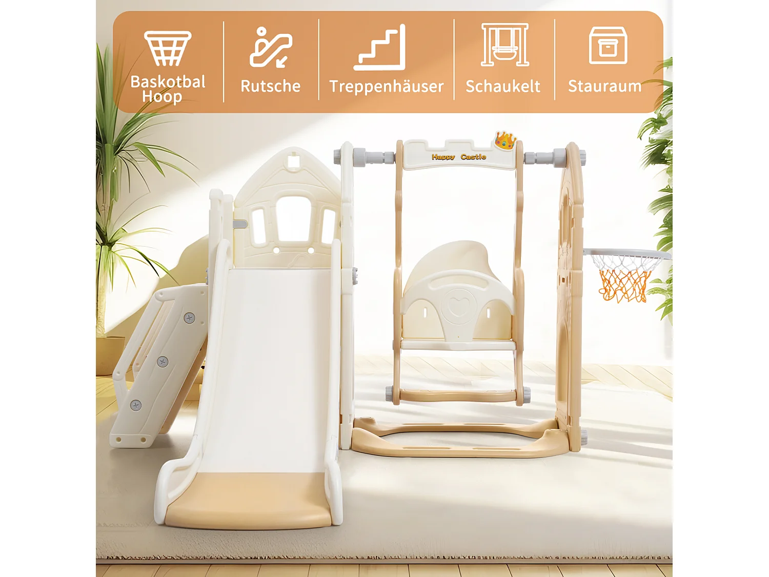 Toboggan en PP 5 en 1 pour enfant 3-8ans, balançoire, toboggan, escalade, espace de rangement, cadre de basket-ball, rose antique