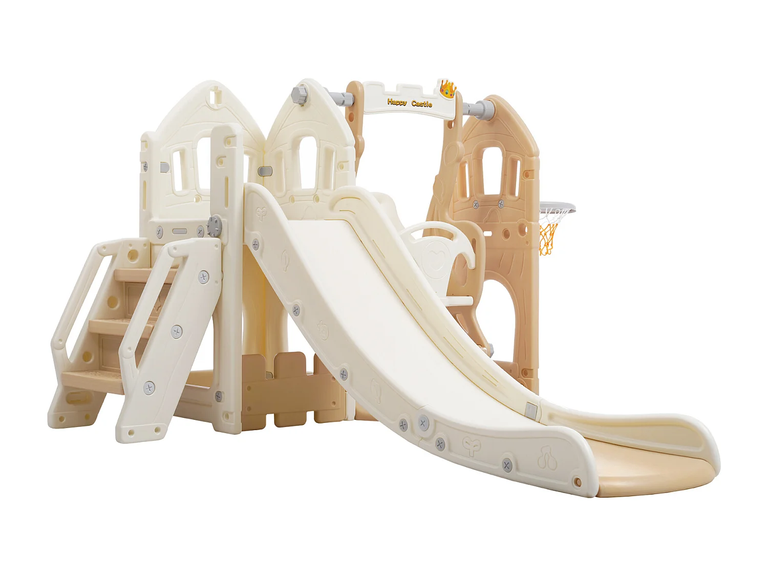 Toboggan en PP 5 en 1 pour enfant 3-8ans, balançoire, toboggan, escalade, espace de rangement, cadre de basket-ball, rose antique