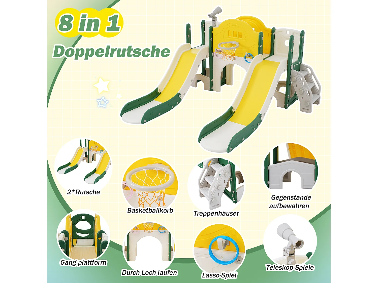 8 in 1 Kinderspeelplaats met Glijbaan, Klimwand, Boorgatset, Groen
