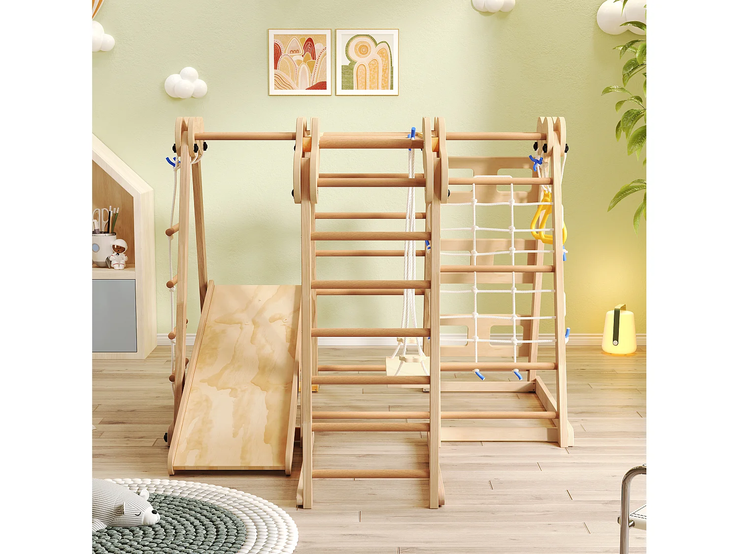 Parco giochi per bambini 7 in 1 - con scivolo, barra di arrampicata, altalena, corda di arrampicata, scale a rete - colore legno