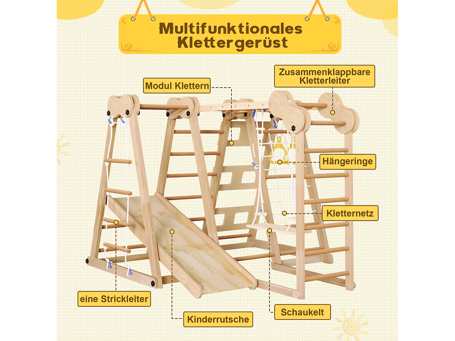 Parco giochi per bambini 7 in 1 - con scivolo, barra di arrampicata, altalena, corda di arrampicata, scale a rete - colore legno