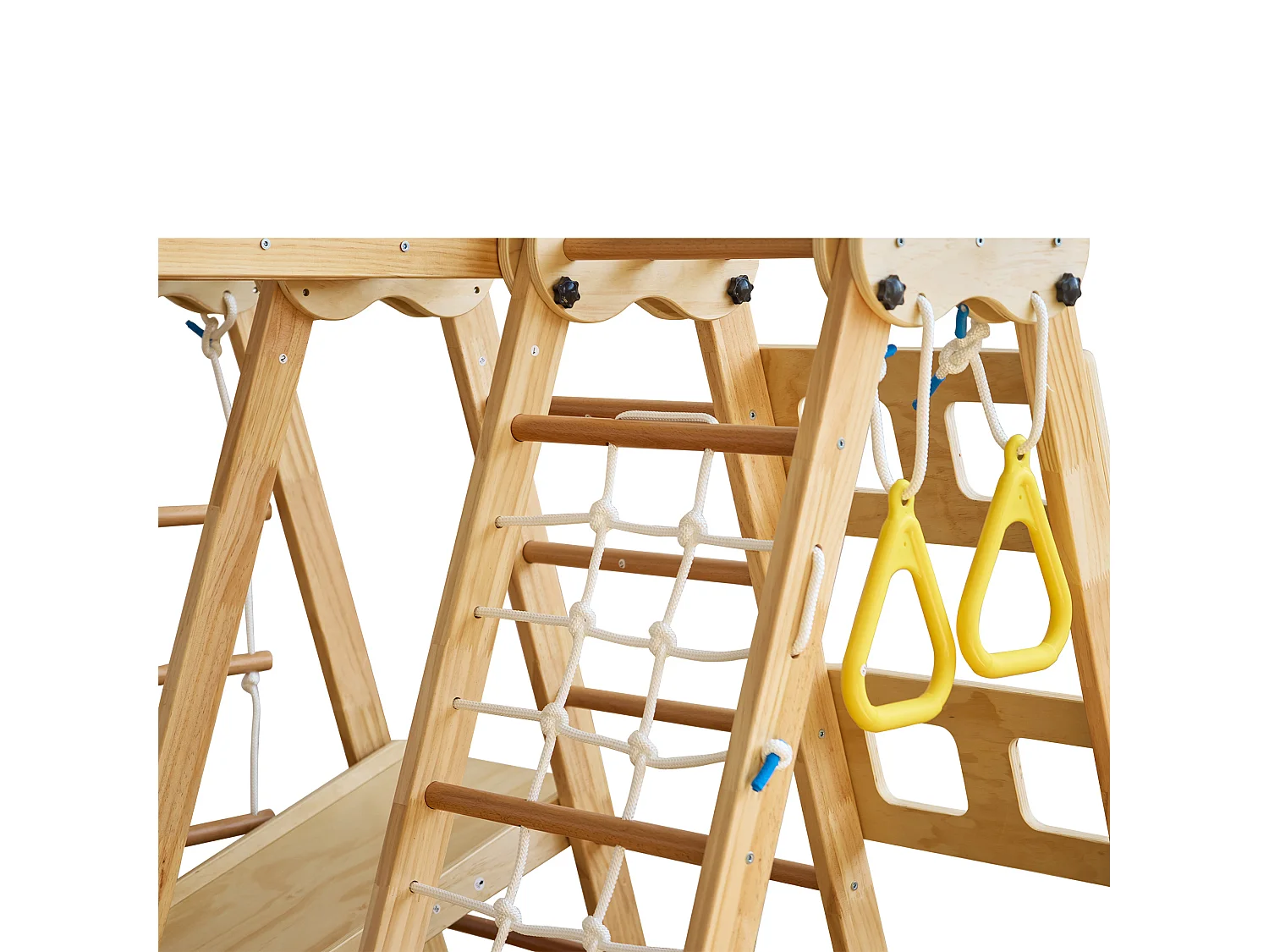 Parco giochi per bambini 7 in 1 - con scivolo, barra di arrampicata, altalena, corda di arrampicata, scale a rete - colore legno