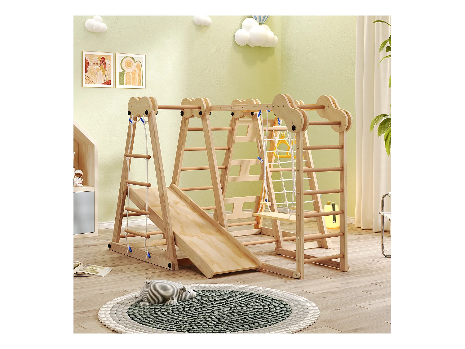 Aire de jeu 7 en 1 pour enfant - avec toboggan, barre d'escalade, balançoire, corde d'escalade, échelles en filet - couleur bois