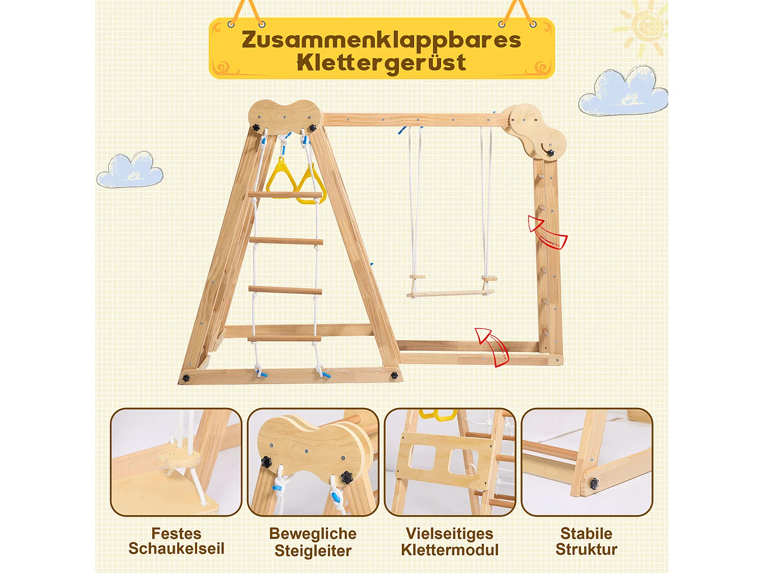 Parque infantil 7 em 1 - com escorrega, barra de escalada, baloiço, corda de escalada, escadas de rede - cor de madeira