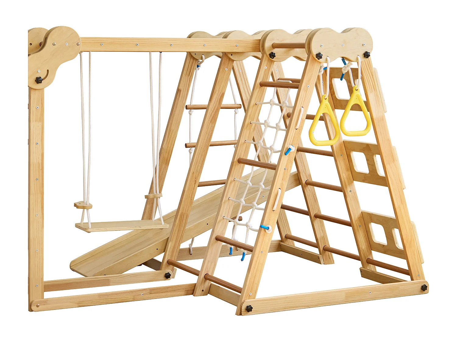 Parque infantil 7 em 1 - com escorrega, barra de escalada, baloiço, corda de escalada, escadas de rede - cor de madeira