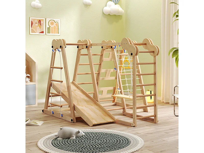 Parco giochi per bambini 7 in 1 - con scivolo, barra di arrampicata, altalena, corda di arrampicata, scale a rete - colore legno