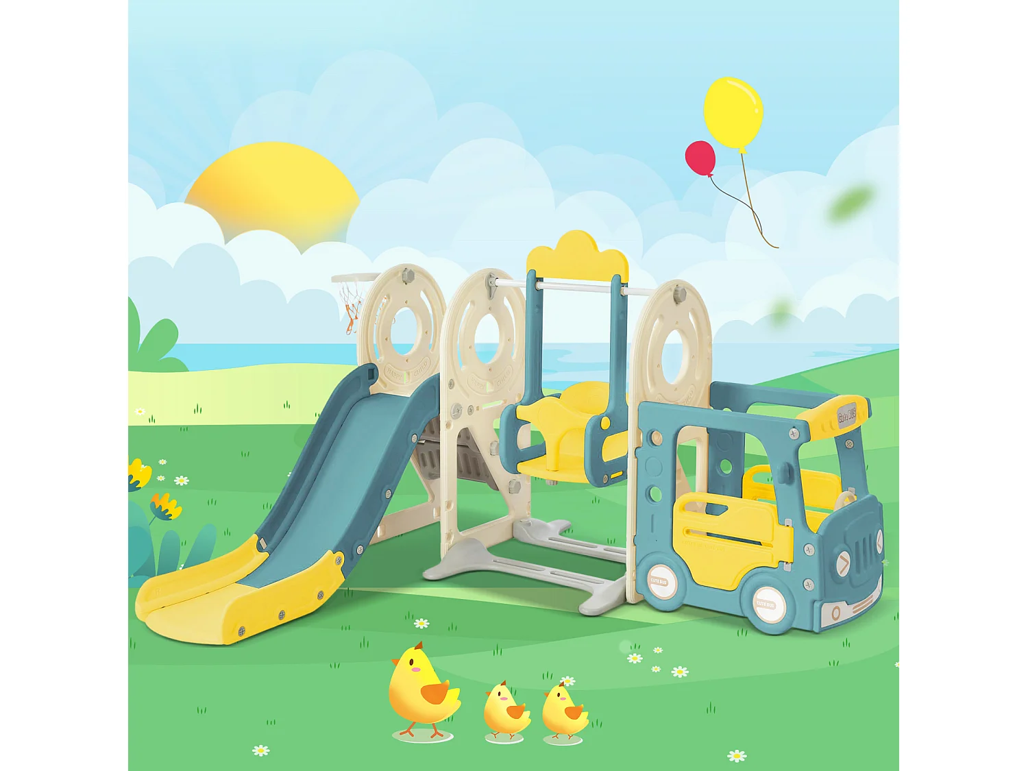 5 in 1 kinderglijbaan met bus, schommels, glijbaan, klimladder, basketbalring en basketbal, groen