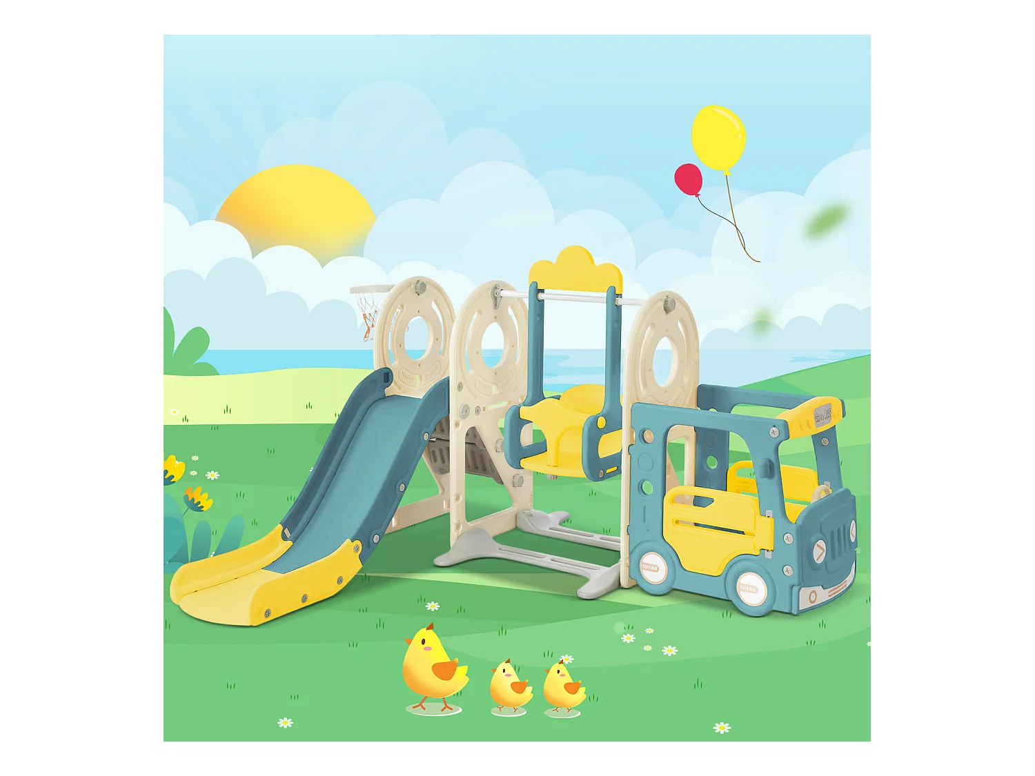 Toboggan pour les enfants 5 en 1 vec bus, balançoires, toboggan, échelle d'escalade, panier de basket et basket-ball, Vert
