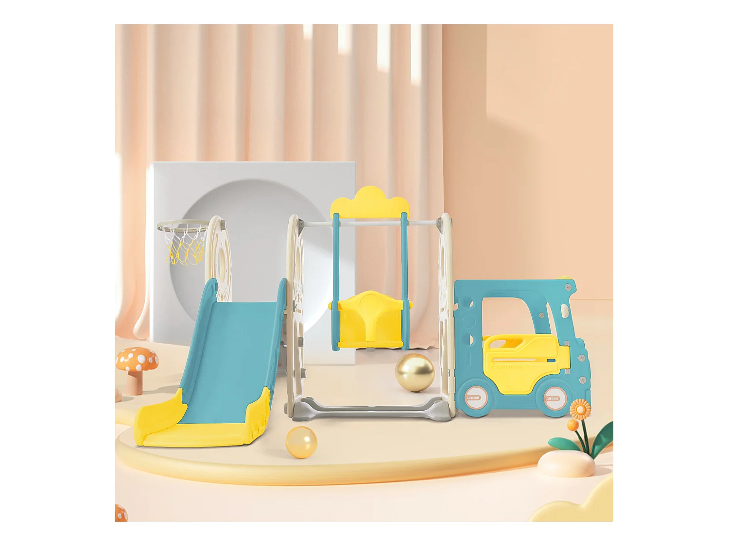 Toboggan pour les enfants 5 en 1 vec bus, balançoires, toboggan, échelle d'escalade, panier de basket et basket-ball, Vert