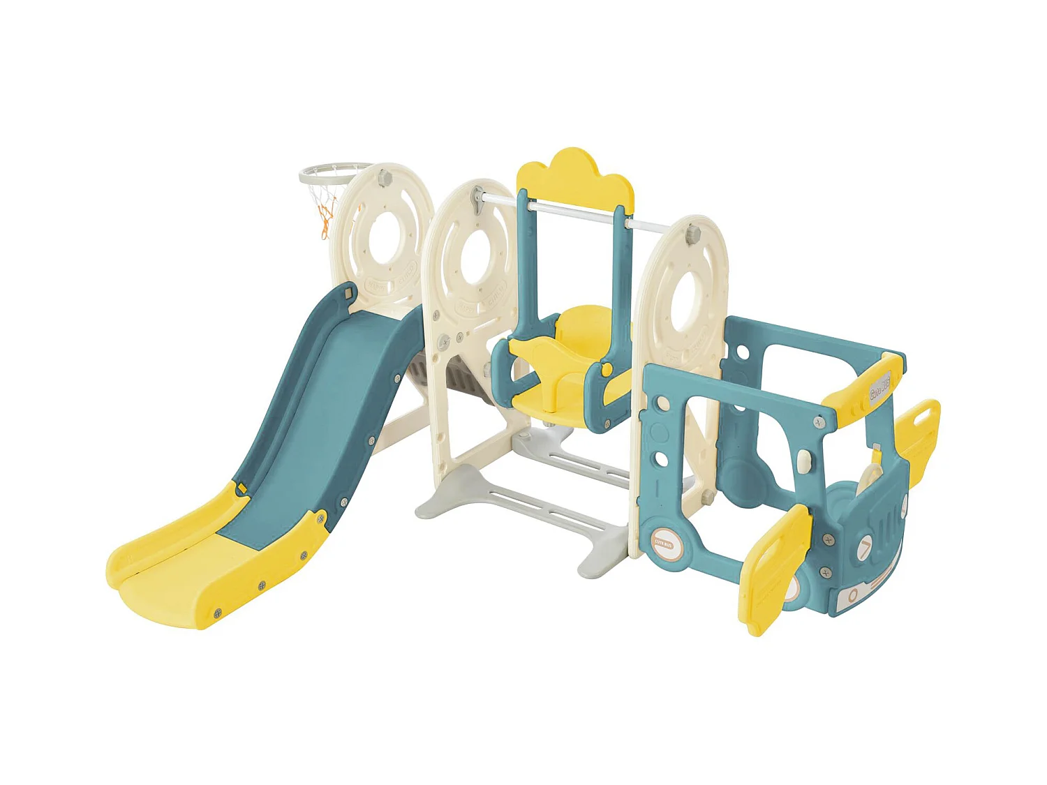 Toboggan pour les enfants 5 en 1 vec bus, balançoires, toboggan, échelle d'escalade, panier de basket et basket-ball, Vert