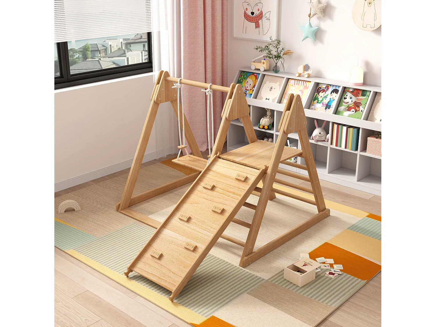 3-in-1 Kinderspielzeug, Holzspielzeug mit Klettergerüst, Schaukel und Rutsche
