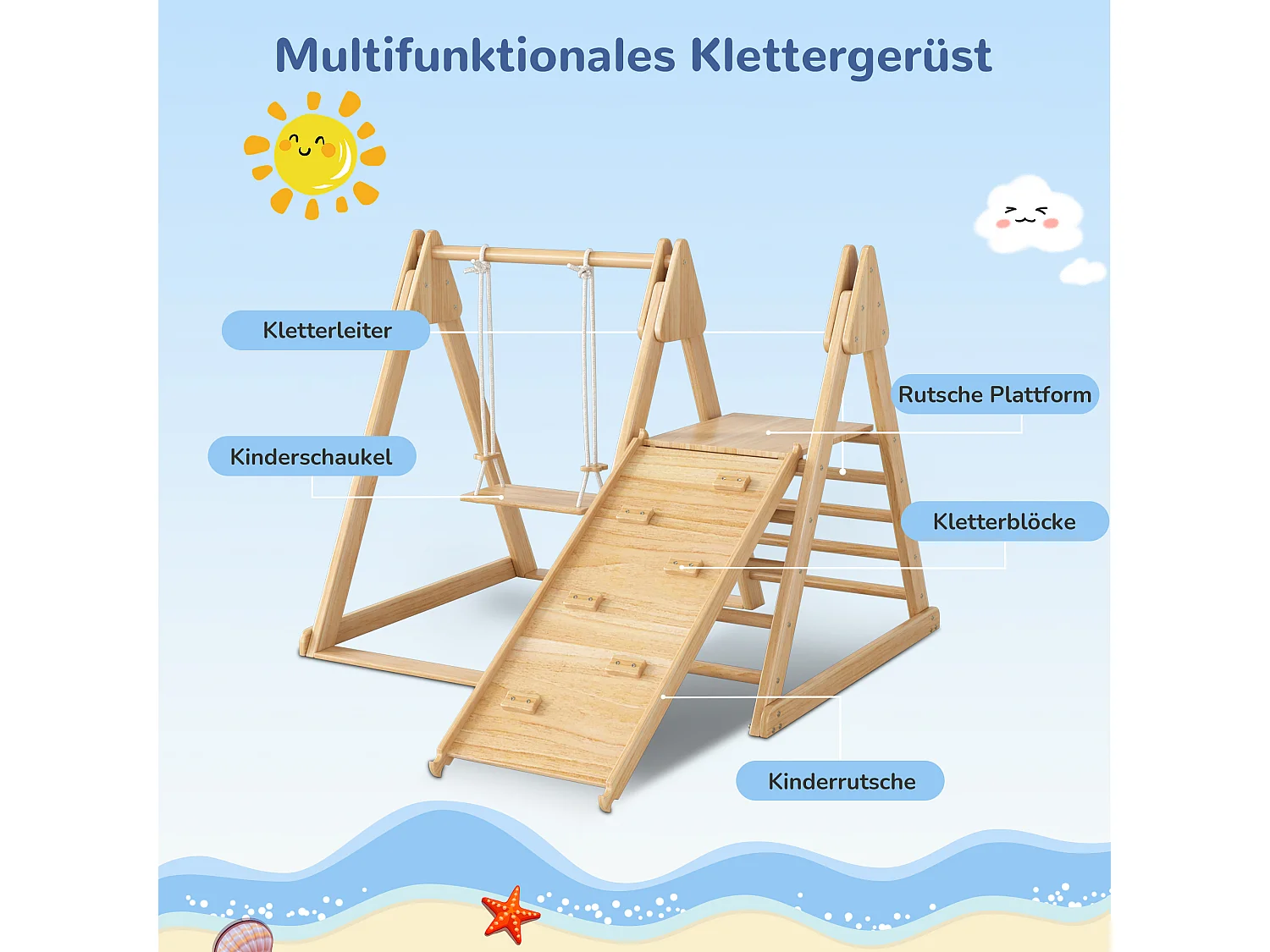 3-in-1 Kinderspielzeug, Holzspielzeug mit Klettergerüst, Schaukel und Rutsche
