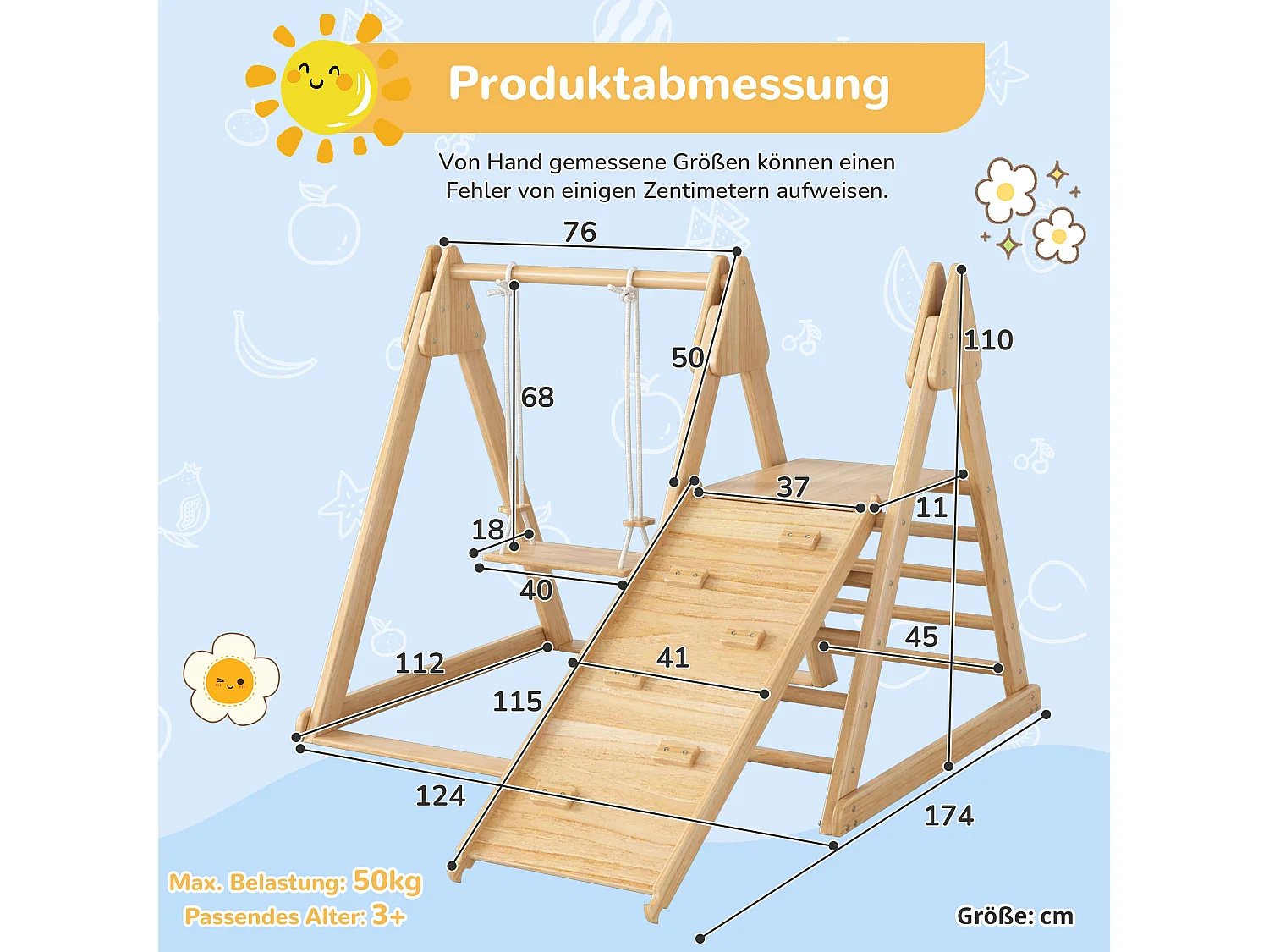 3-in-1 Kinderspielzeug, Holzspielzeug mit Klettergerüst, Schaukel und Rutsche