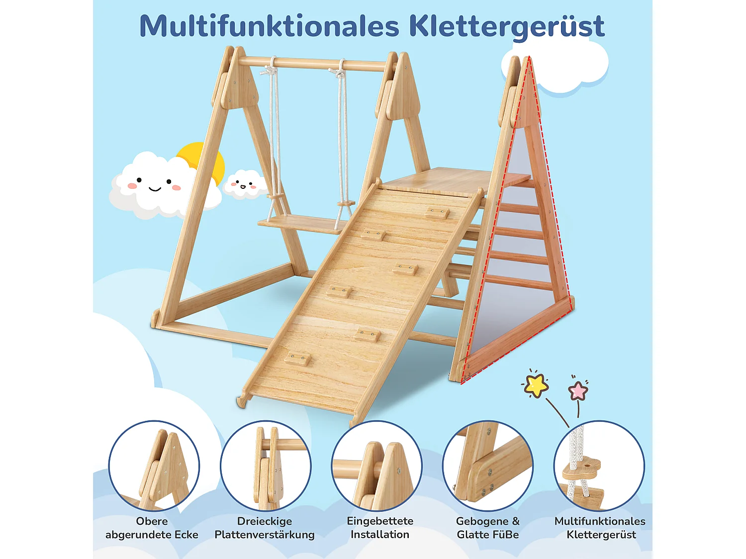 Giocattolo per bambini 3 in 1, giocattolo in legno con struttura per arrampicata, altalena e scivolo