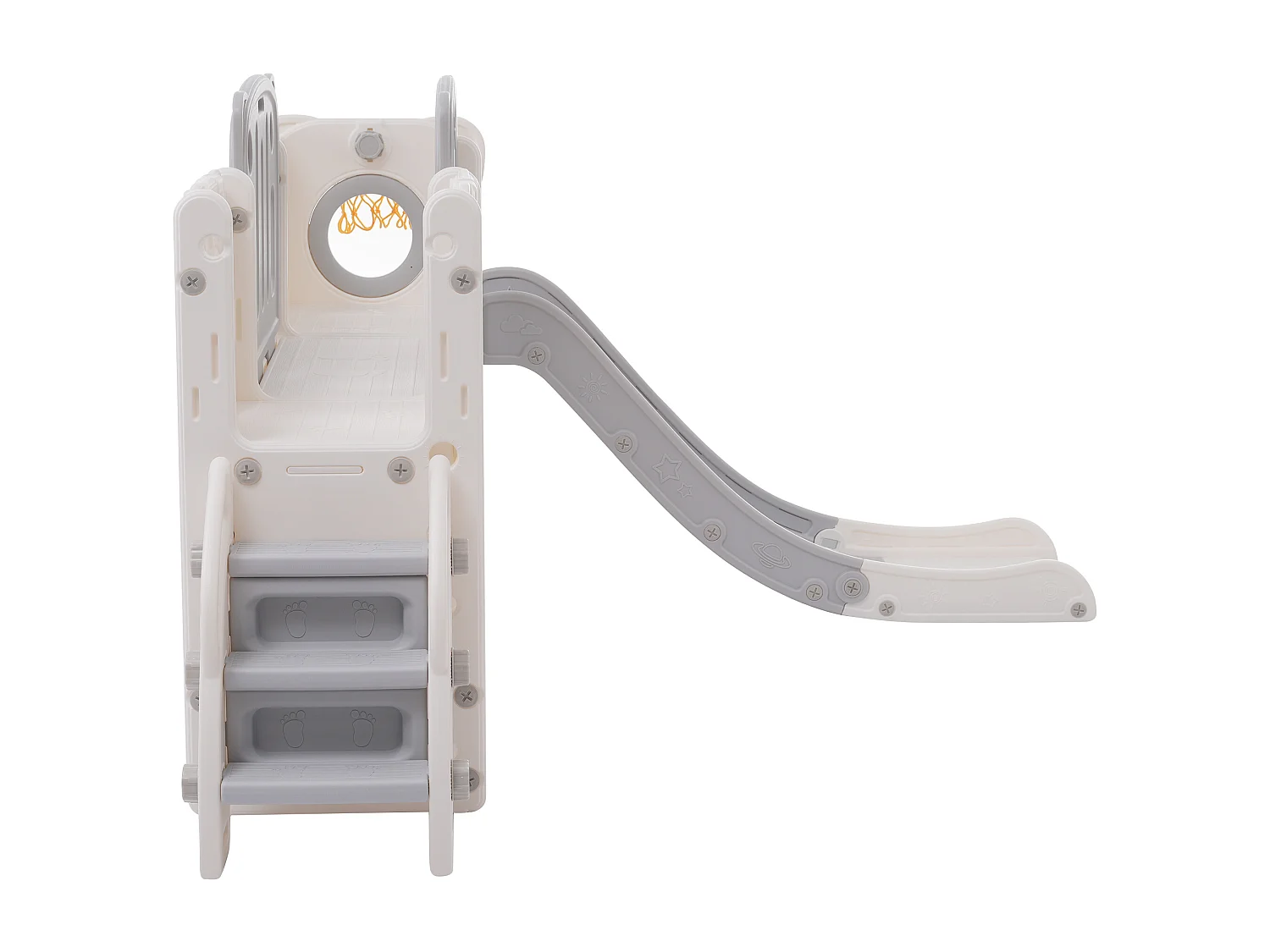 6-in-1 HDPE-glijbaan voor kinderen met platform, trap, 2 opbergruimtes, arcade, basketbalring, grijs