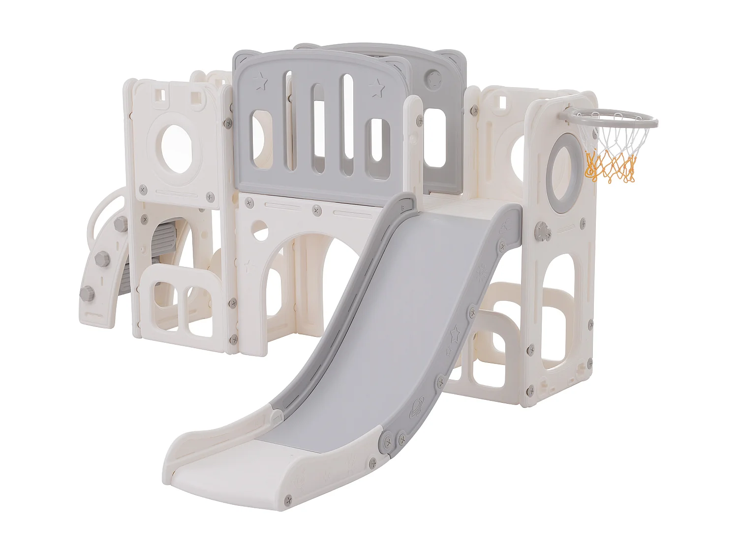 6-in-1 HDPE-glijbaan voor kinderen met platform, trap, 2 opbergruimtes, arcade, basketbalring, grijs