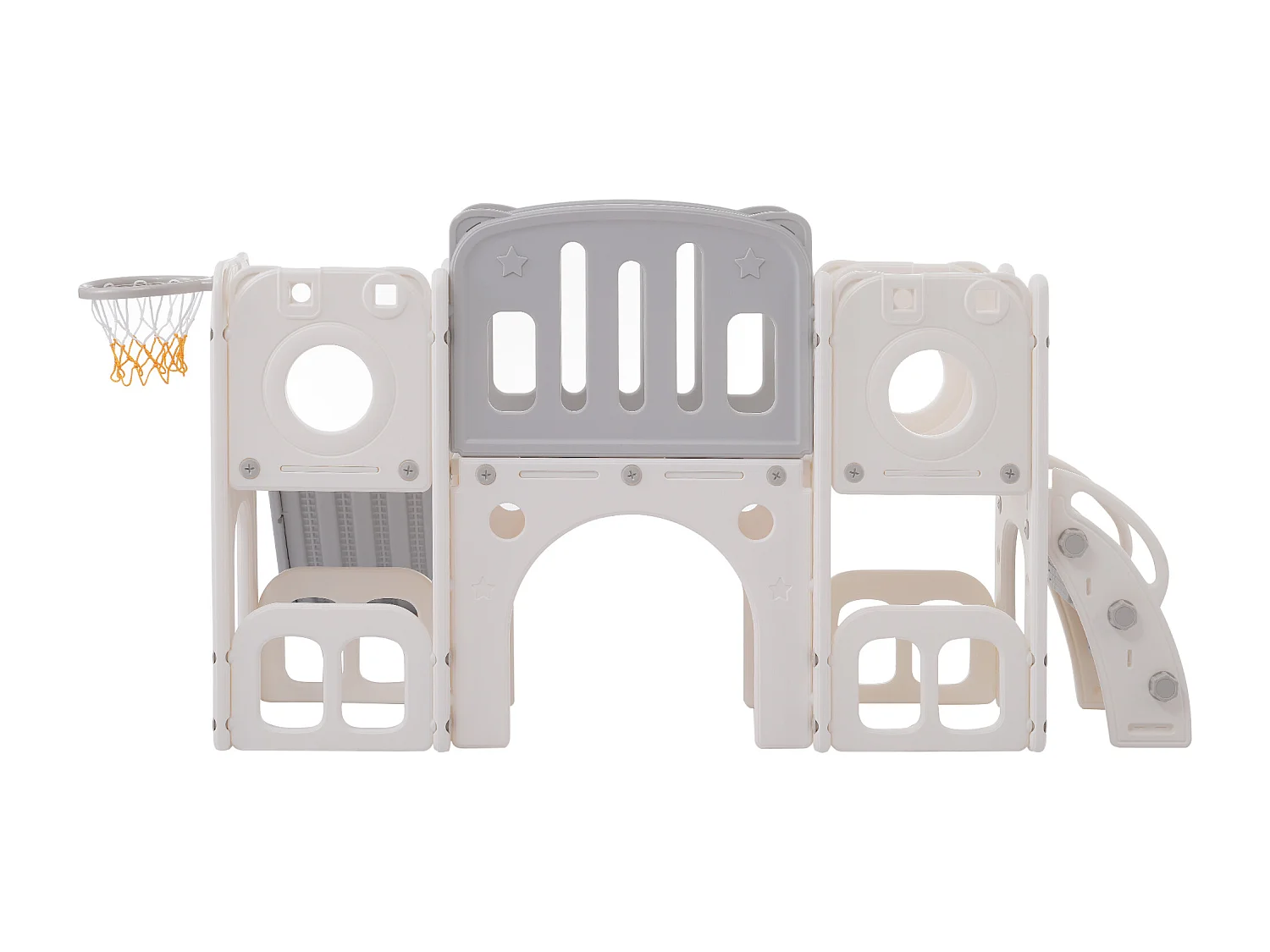 Toboggan 6 en 1 en PEHD pour enfant, avec plate-forme, escalier, 2 zondes de rangement, arcade, panier de basket, gris