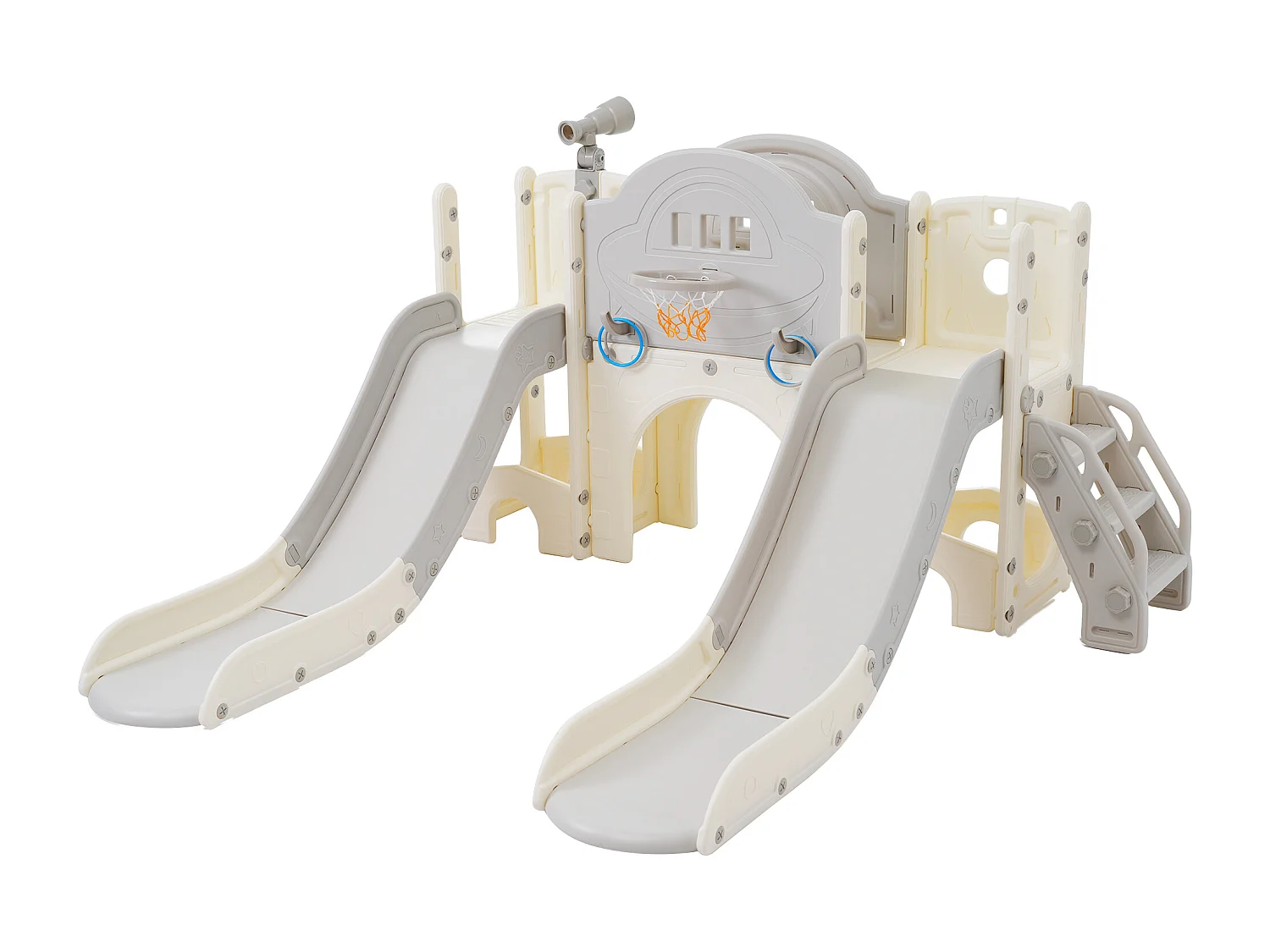 Aire de jeux pour enfants 8 en 1 avec toboggan, mur d'escalade, jeu de trous de forage, sol gris