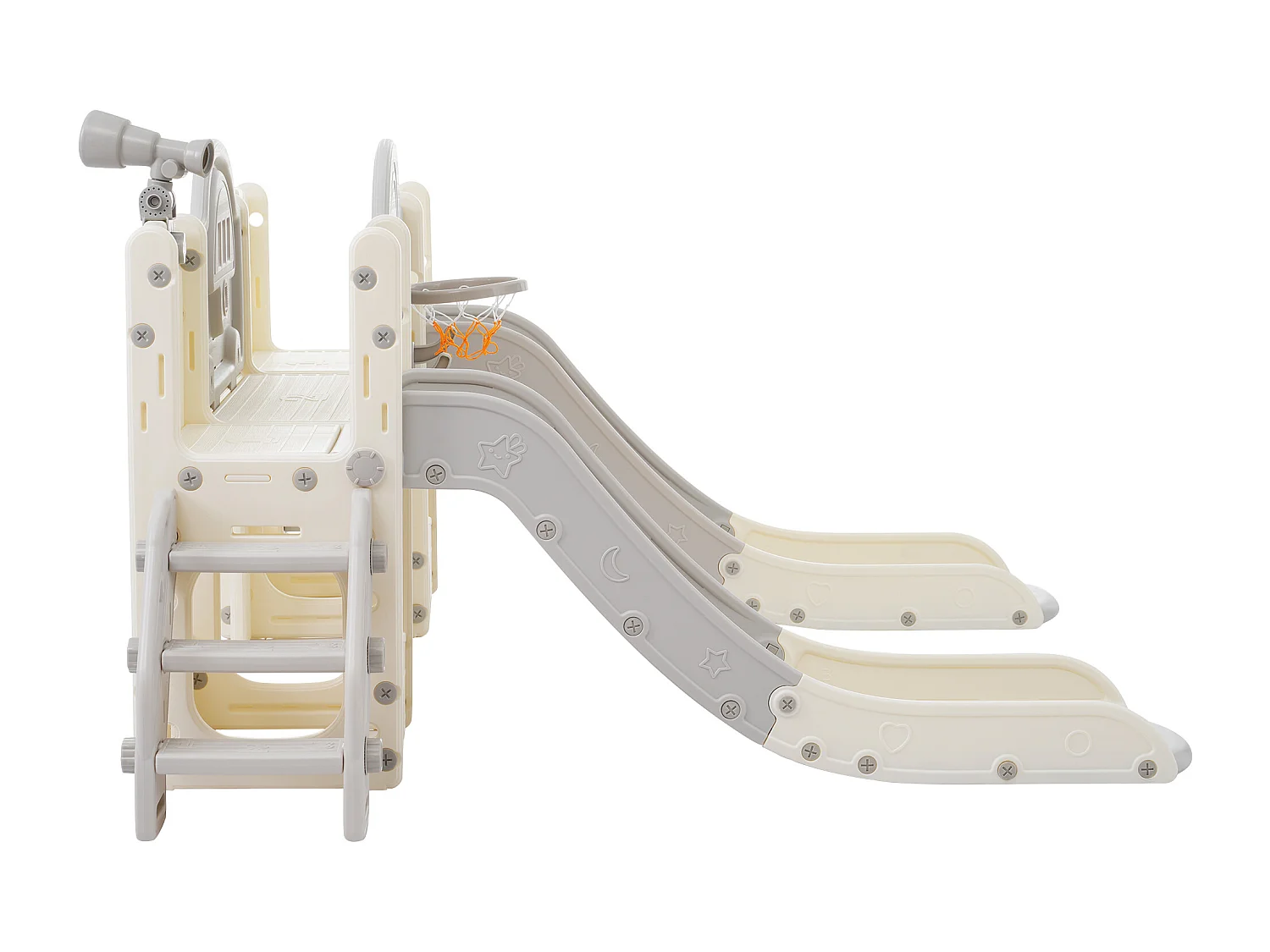 Aire de jeux pour enfants 8 en 1 avec toboggan, mur d'escalade, jeu de trous de forage, sol gris