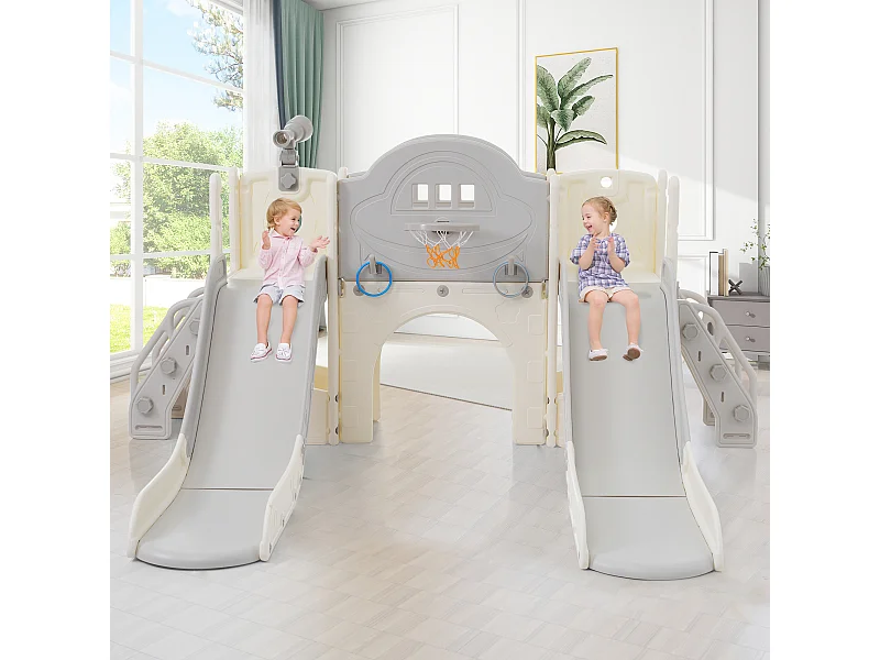 8 in 1 Kinderspielplatz mit Rutsche, Kletterwand, Bohrlochspiel, Boden grau