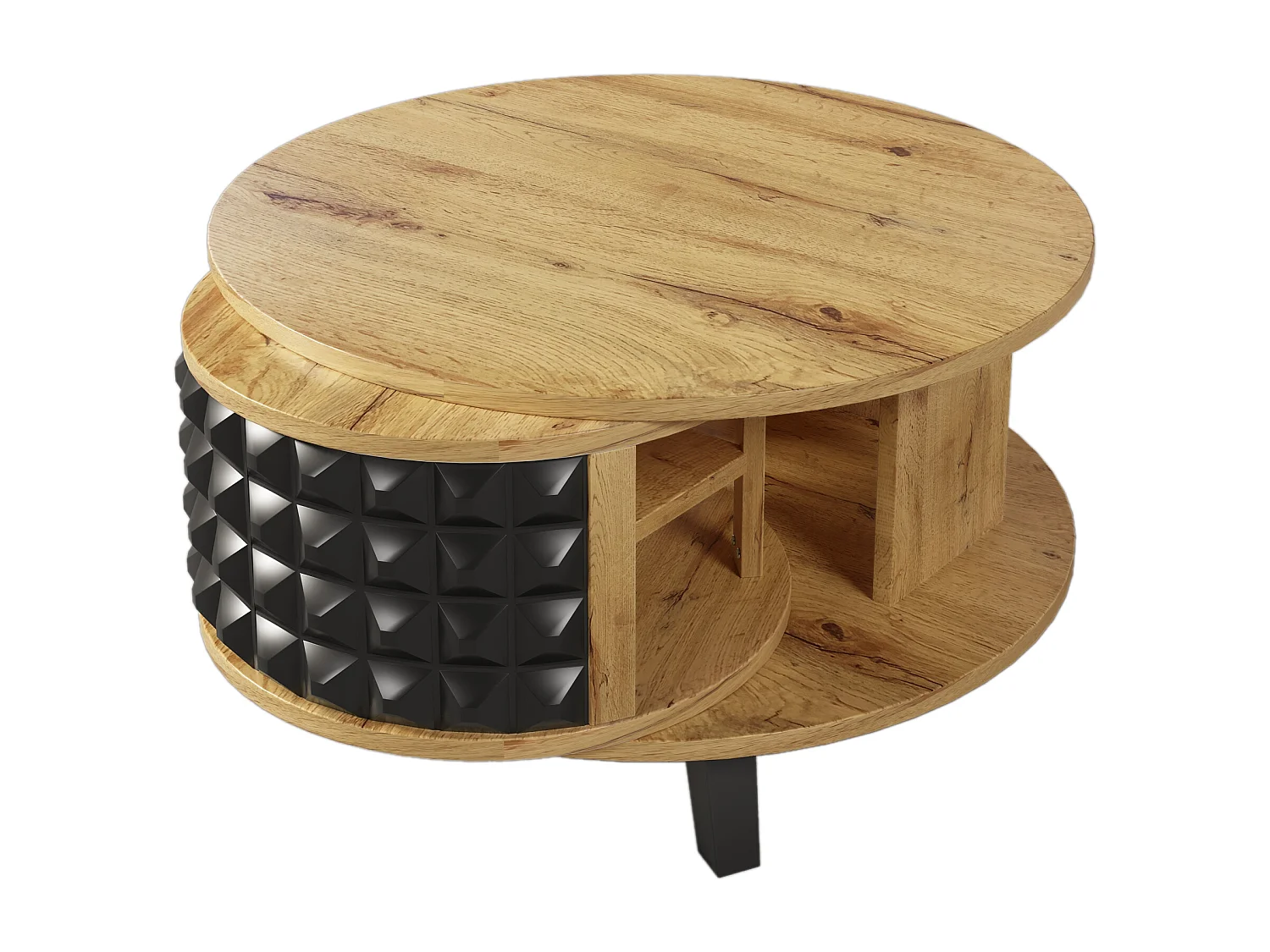 Table basse ronde - Table rotative avec étagère interne cachée, pied en noir - 85.2x80x45.2cm - Naturel