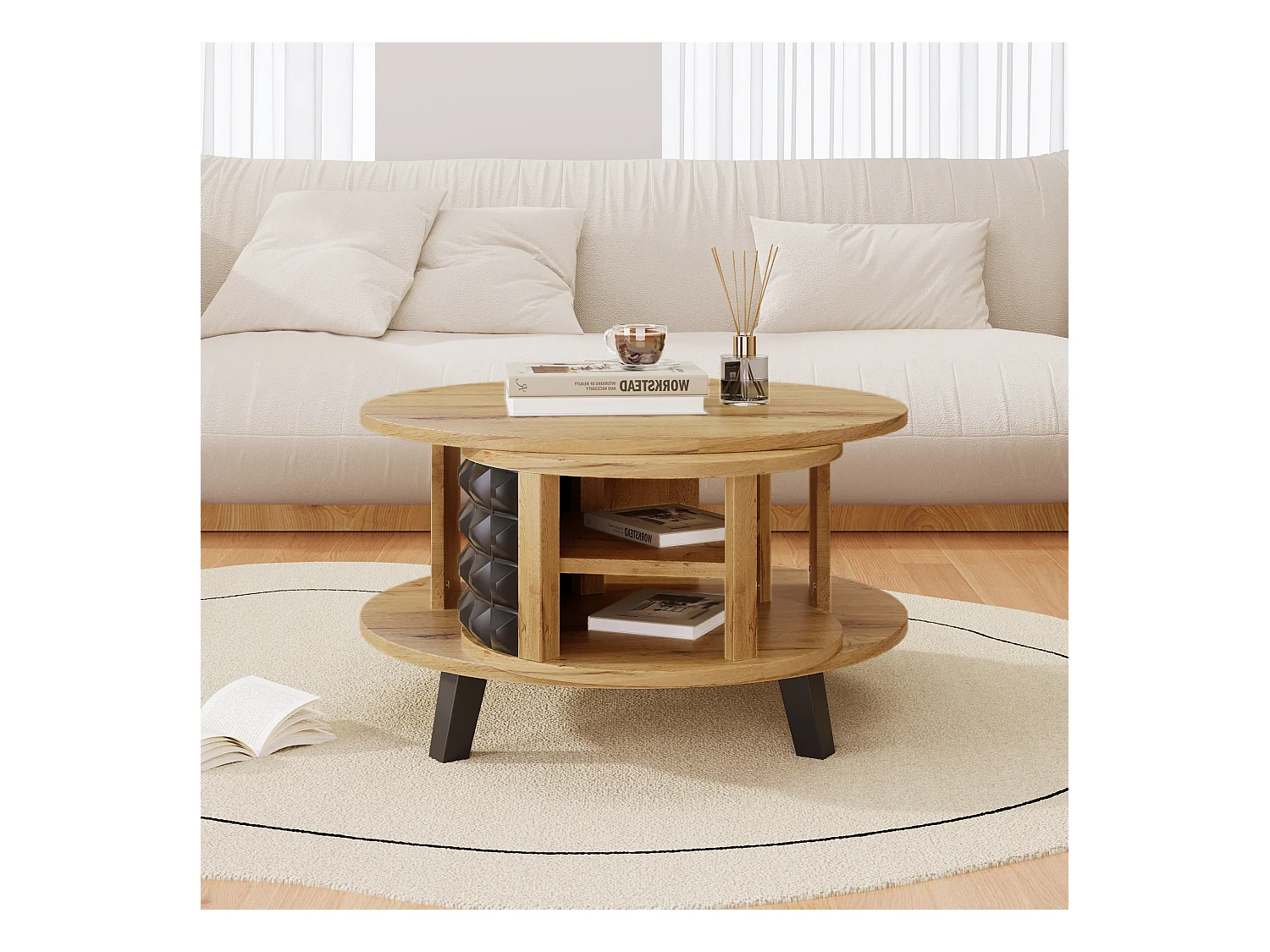 Table basse ronde - Table rotative avec étagère interne cachée, pied en noir - 85.2x80x45.2cm - Naturel