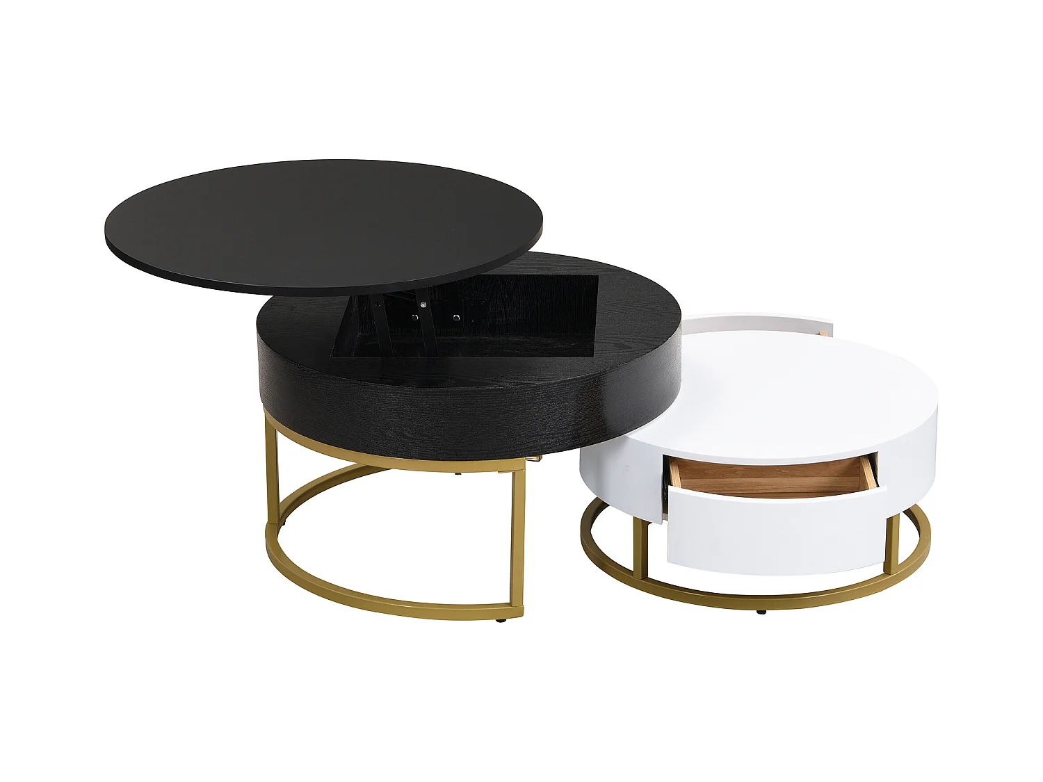 Set van 2 in elkaar passende salontafels, grote tafel met opklapbaar blad, kleine tafel met 2 lades, MDF, zwart