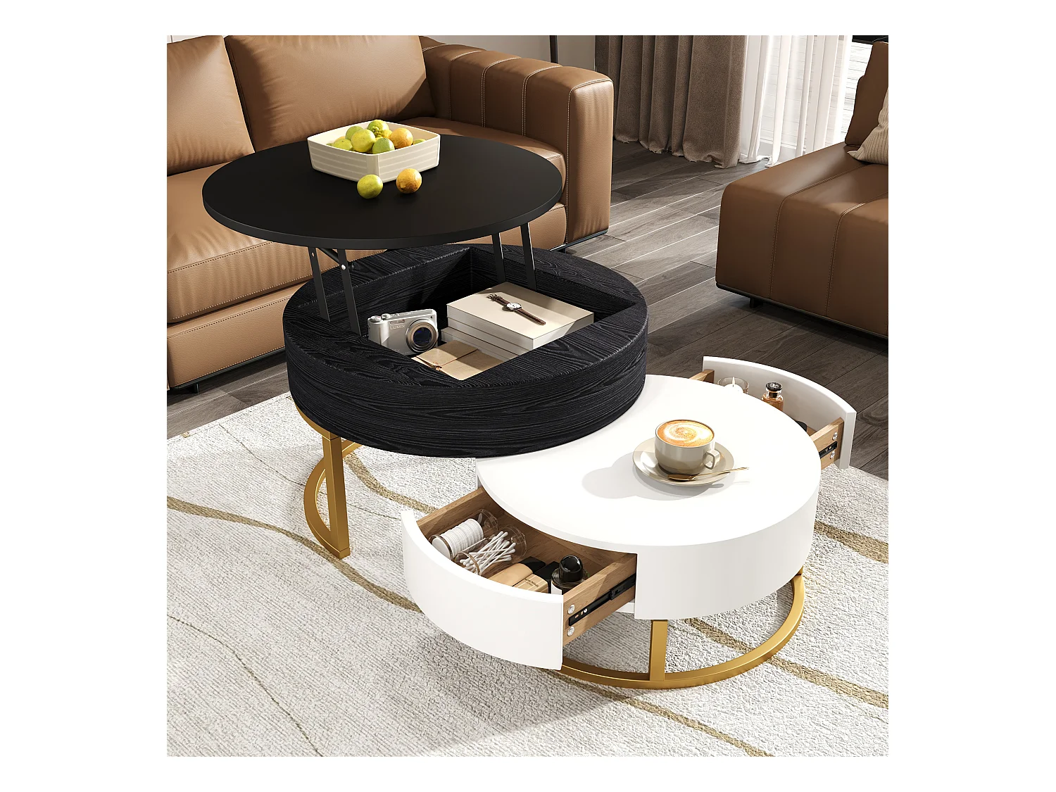 Lot de 2 table basse gigogne, grand table avec plateau relevable, petie table avec 2 tiroirs, MDF, noir